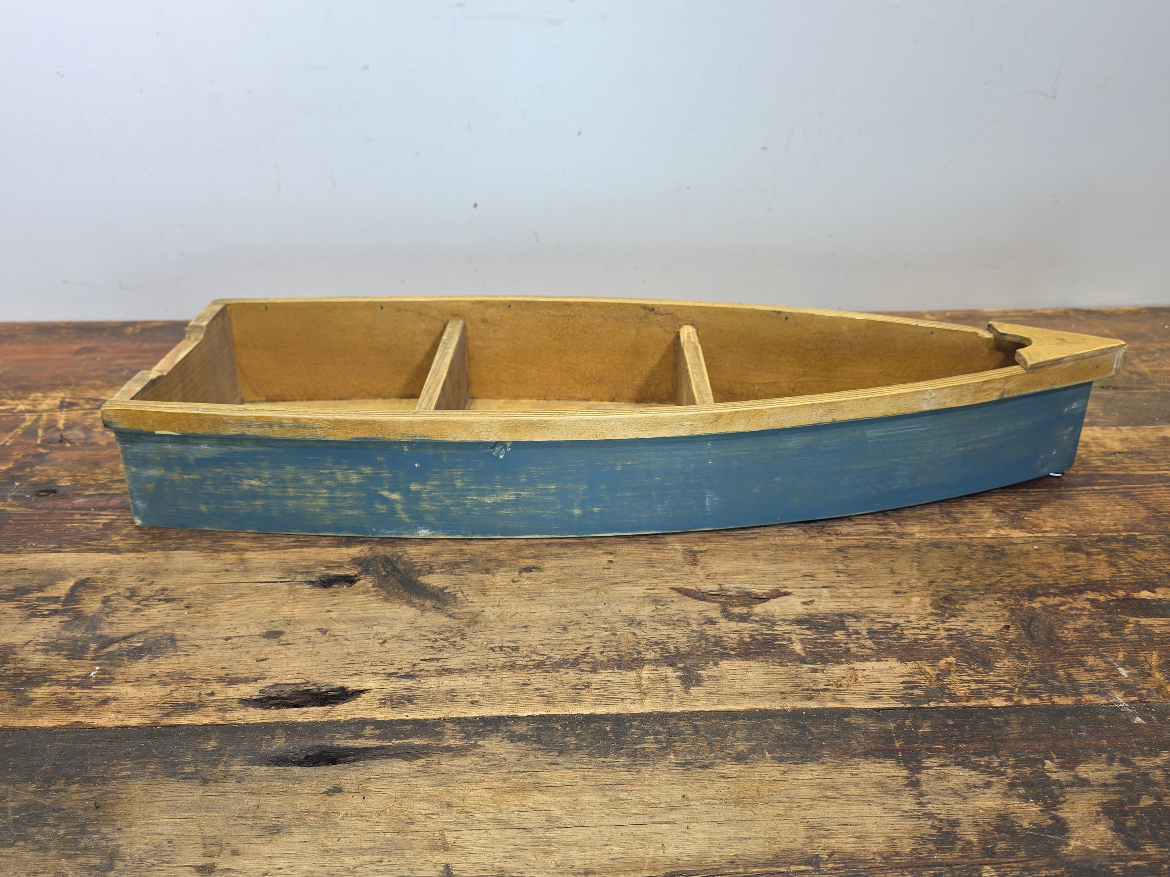 Vintage Wood Boat Wall Shelf Nautical Row Boat Shape Hanging Rack Blue Honey 23"