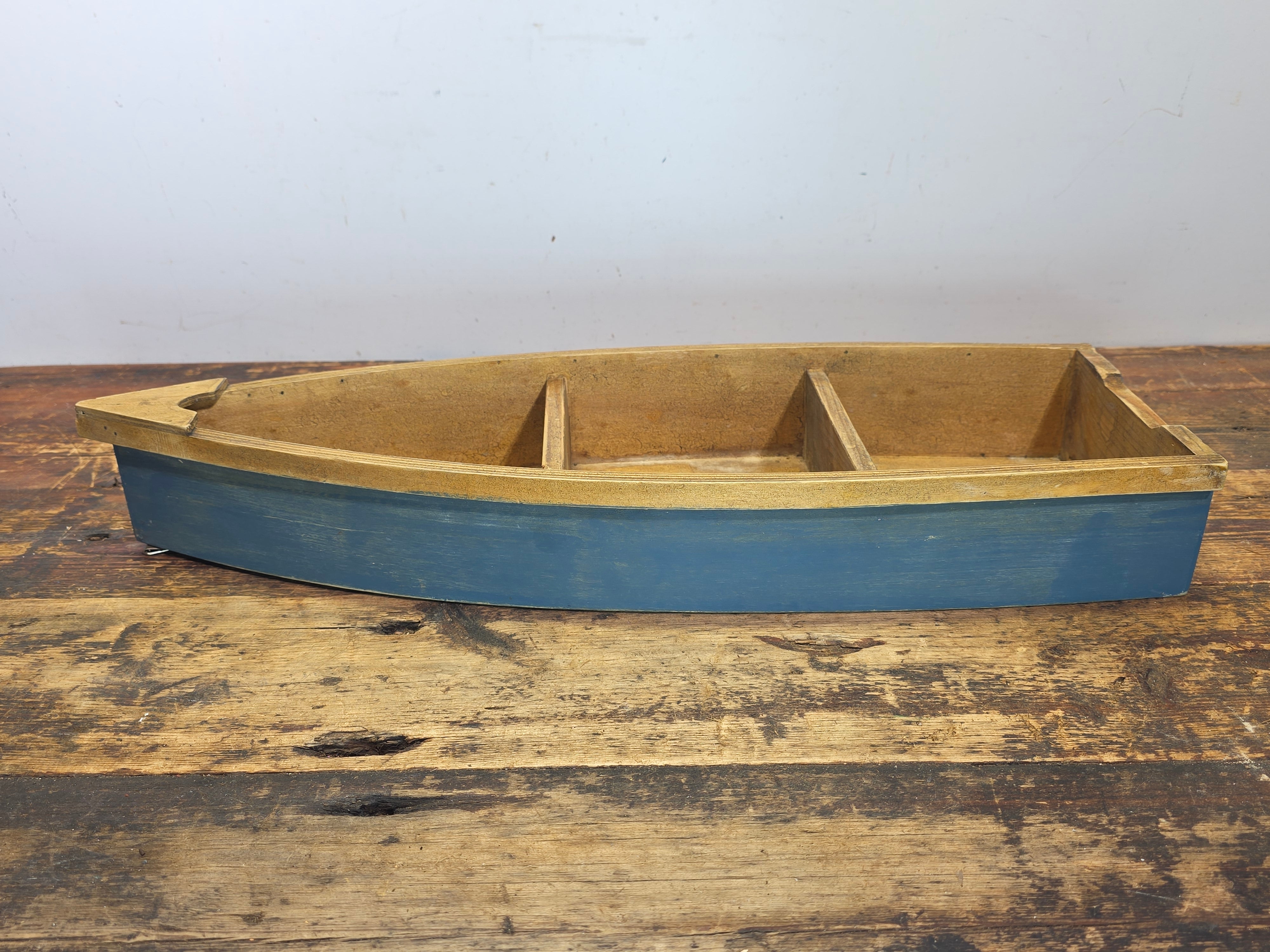 Vintage Wood Boat Wall Shelf Nautical Row Boat Shape Hanging Rack Blue Honey 23"