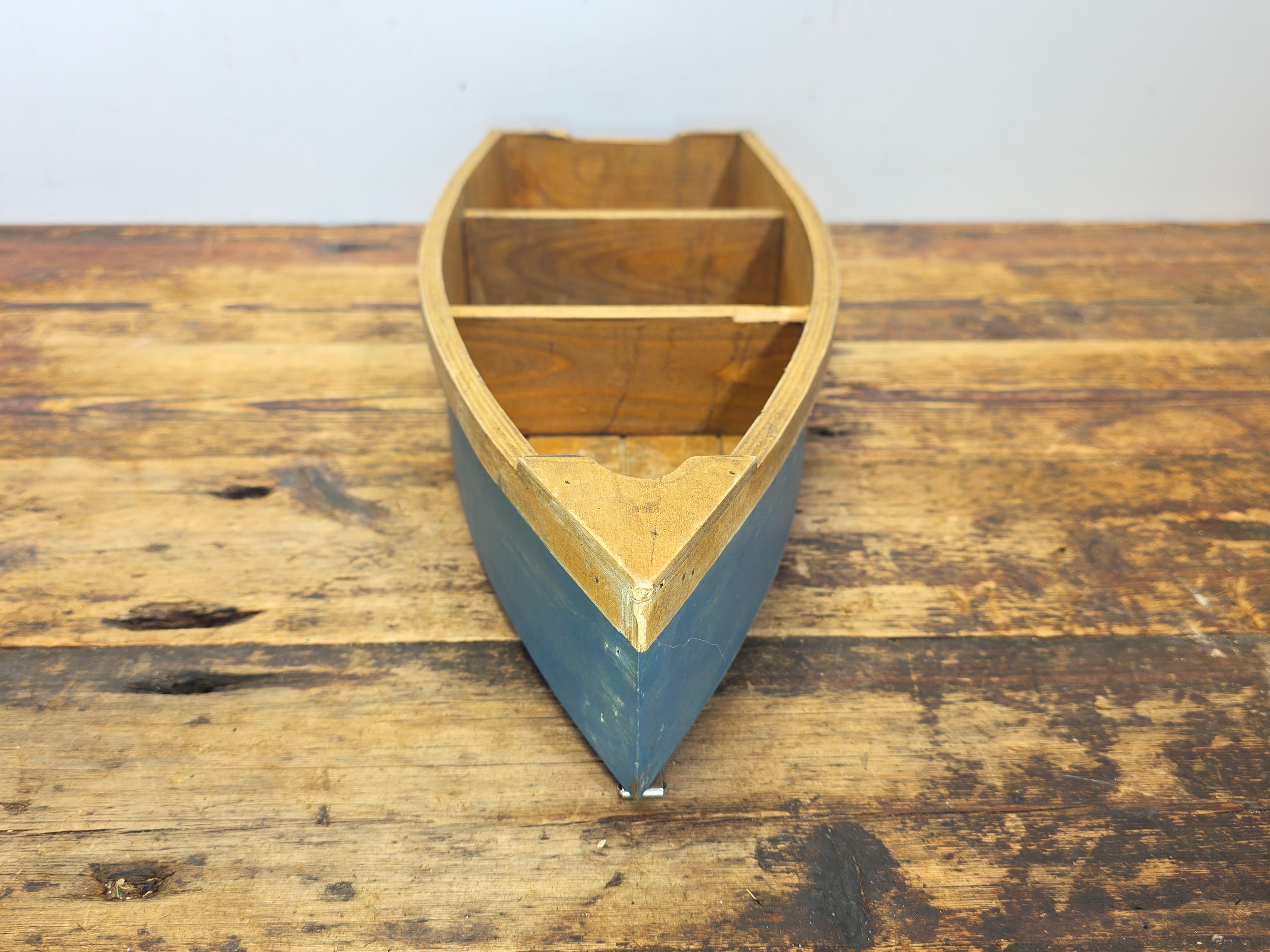 Vintage Wood Boat Wall Shelf Nautical Row Boat Shape Hanging Rack Blue Honey 23"