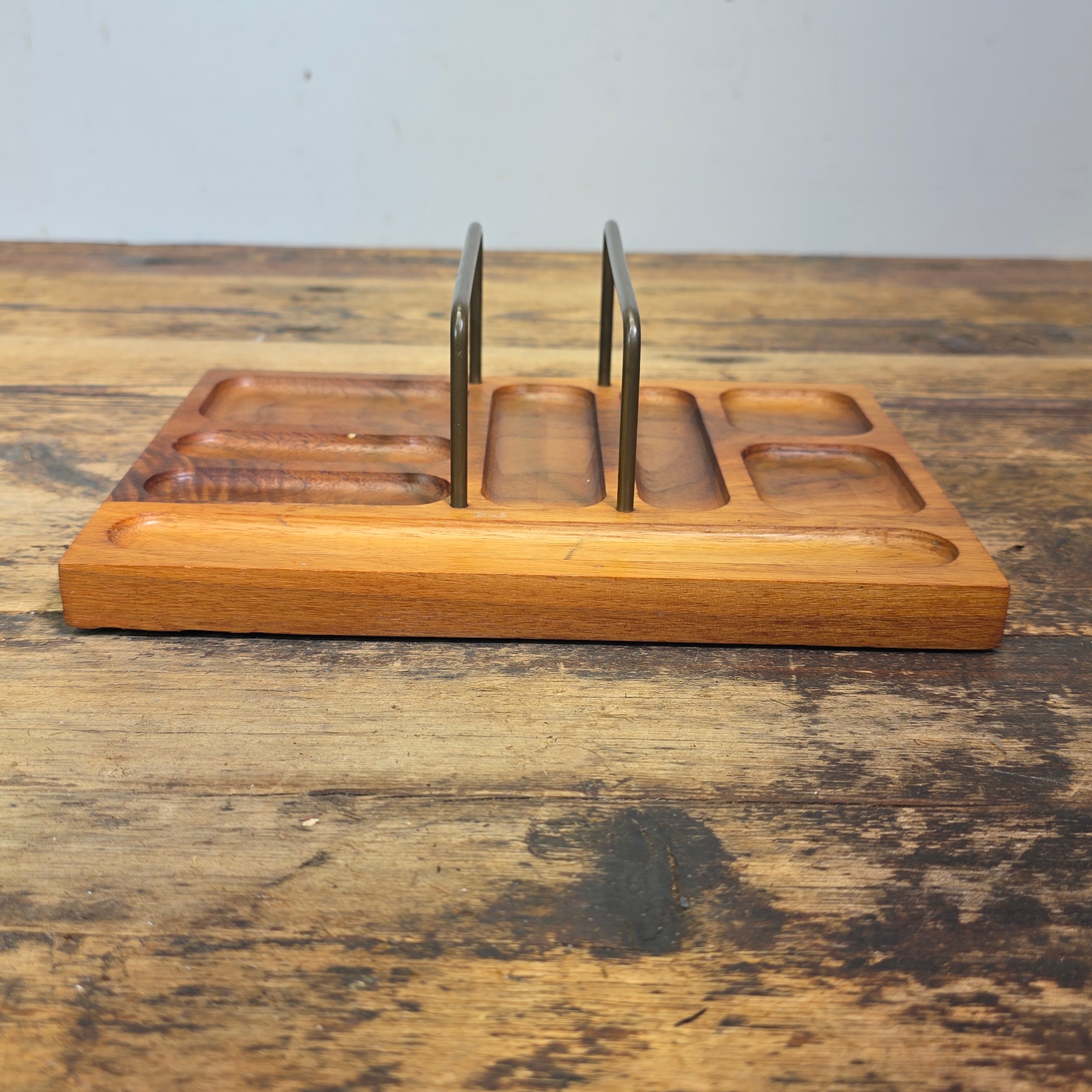 Vintage Walnut Desk Organizer Valet Tray MCM Mid Century Wood Mail Letter Rack