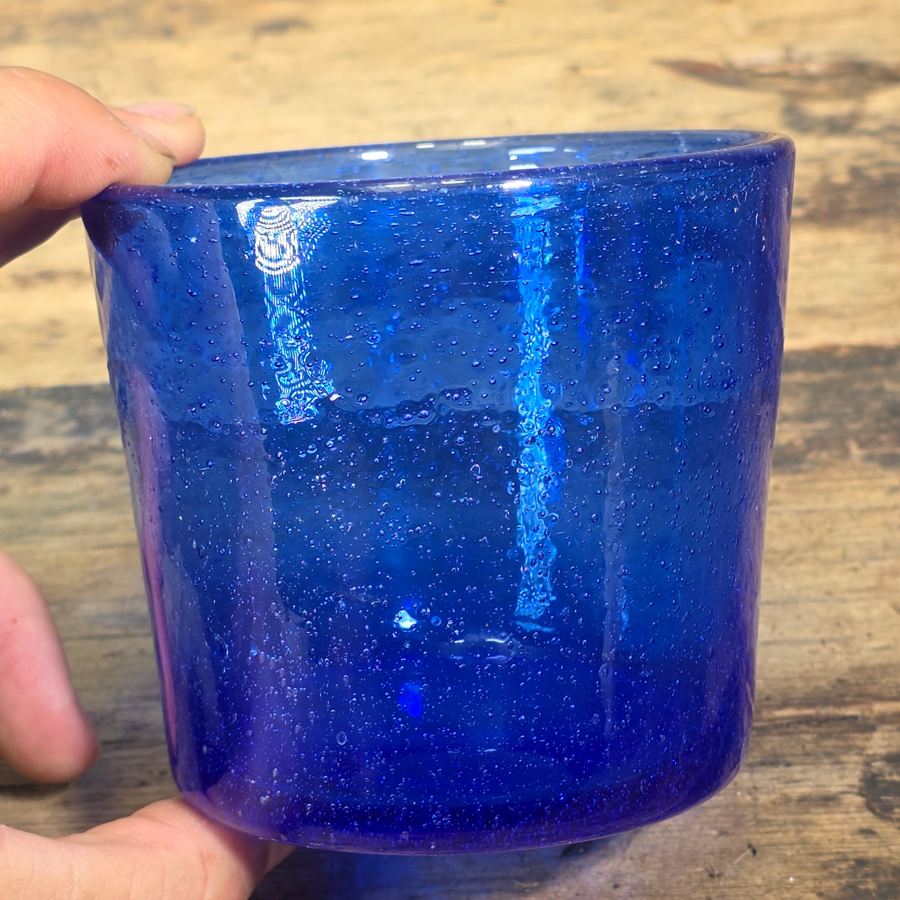 Vintage Mexican Hand Blown Cobalt Blue Bubble Glass Tumbler Votive Cup 10 oz.