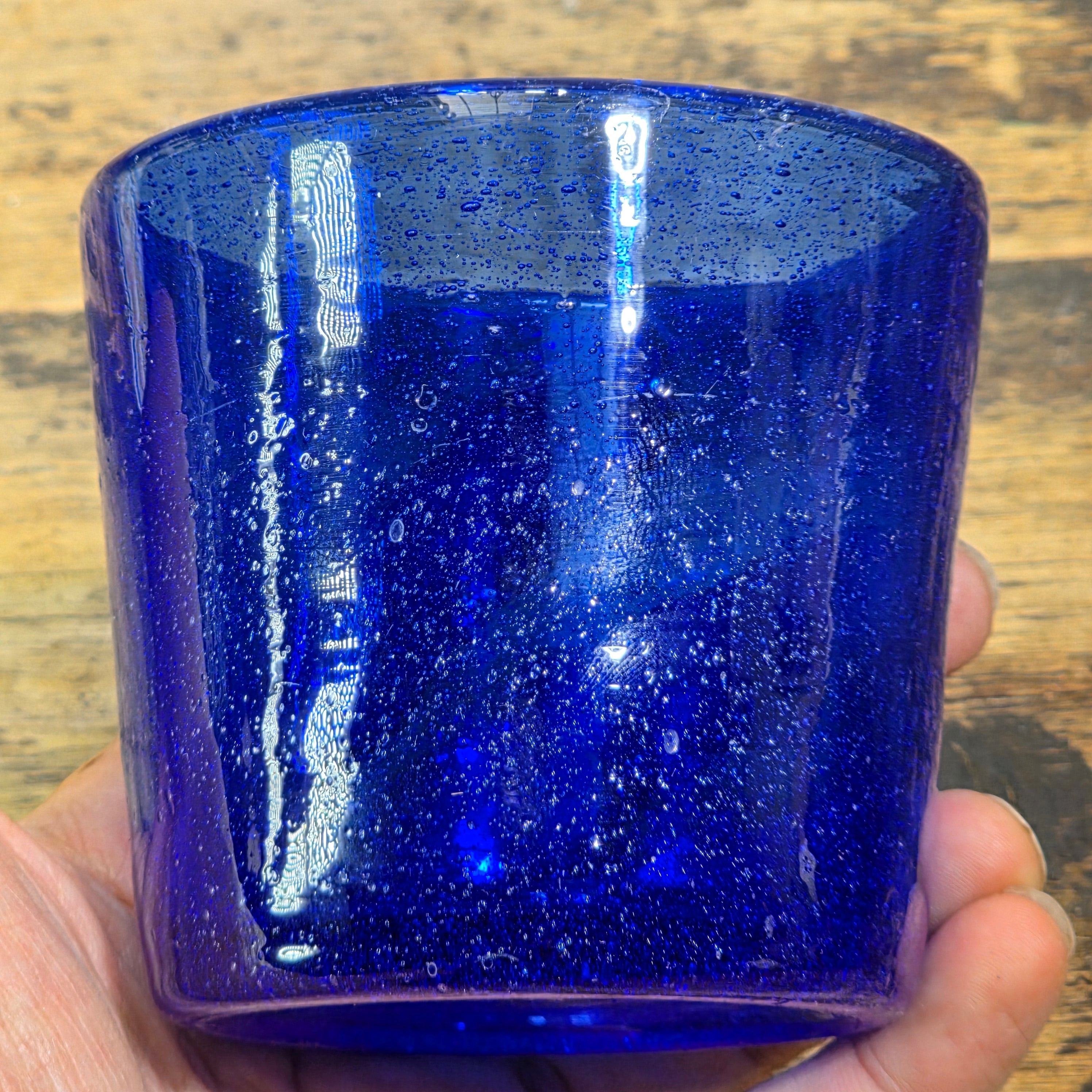Vintage Mexican Hand Blown Cobalt Blue Bubble Glass Tumbler Votive Cup 10 oz.