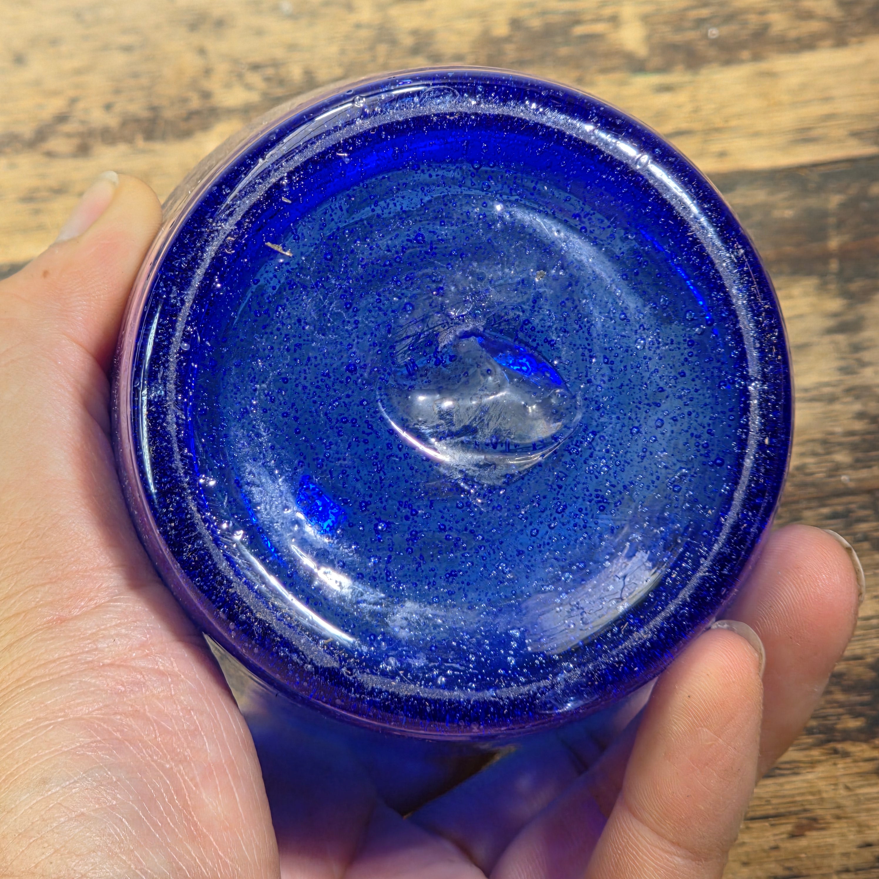 Vintage Mexican Hand Blown Cobalt Blue Bubble Glass Tumbler Votive Cup 10 oz.