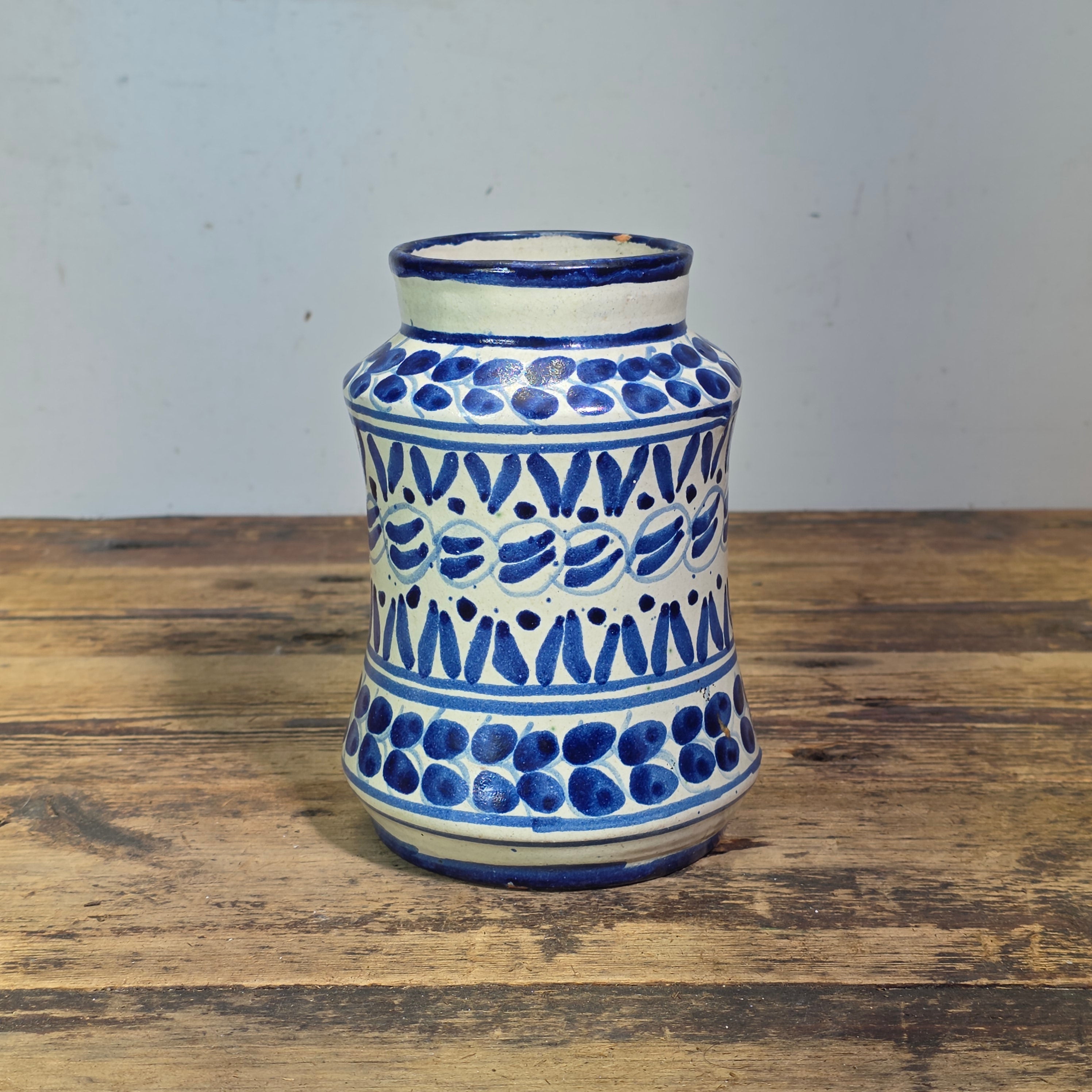 Vintage Talavera Mexican Pottery Albarello Flower Vase Apothecary Jar Blue White