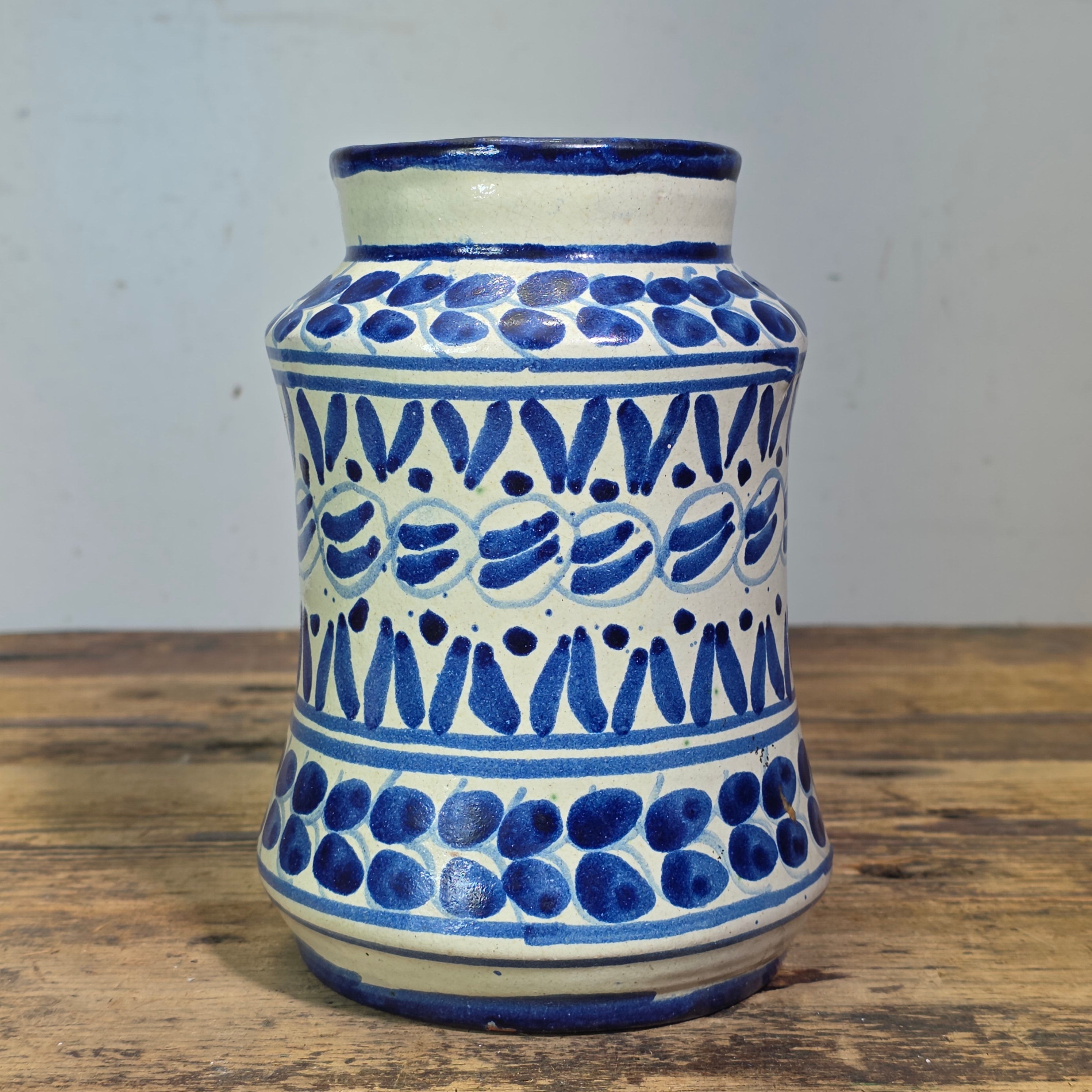 Vintage Talavera Mexican Pottery Albarello Flower Vase Apothecary Jar Blue White