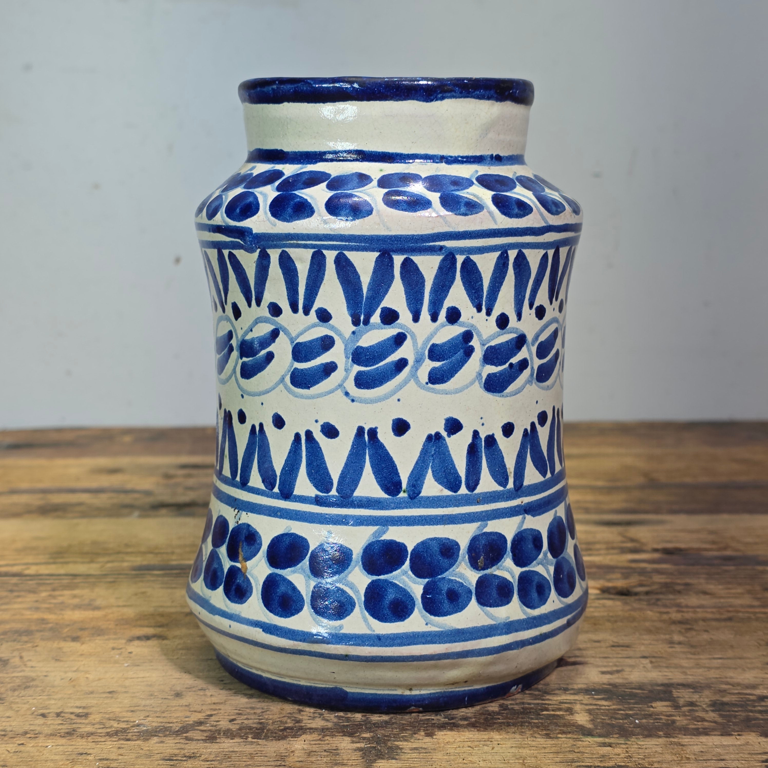 Vintage Talavera Mexican Pottery Albarello Flower Vase Apothecary Jar Blue White