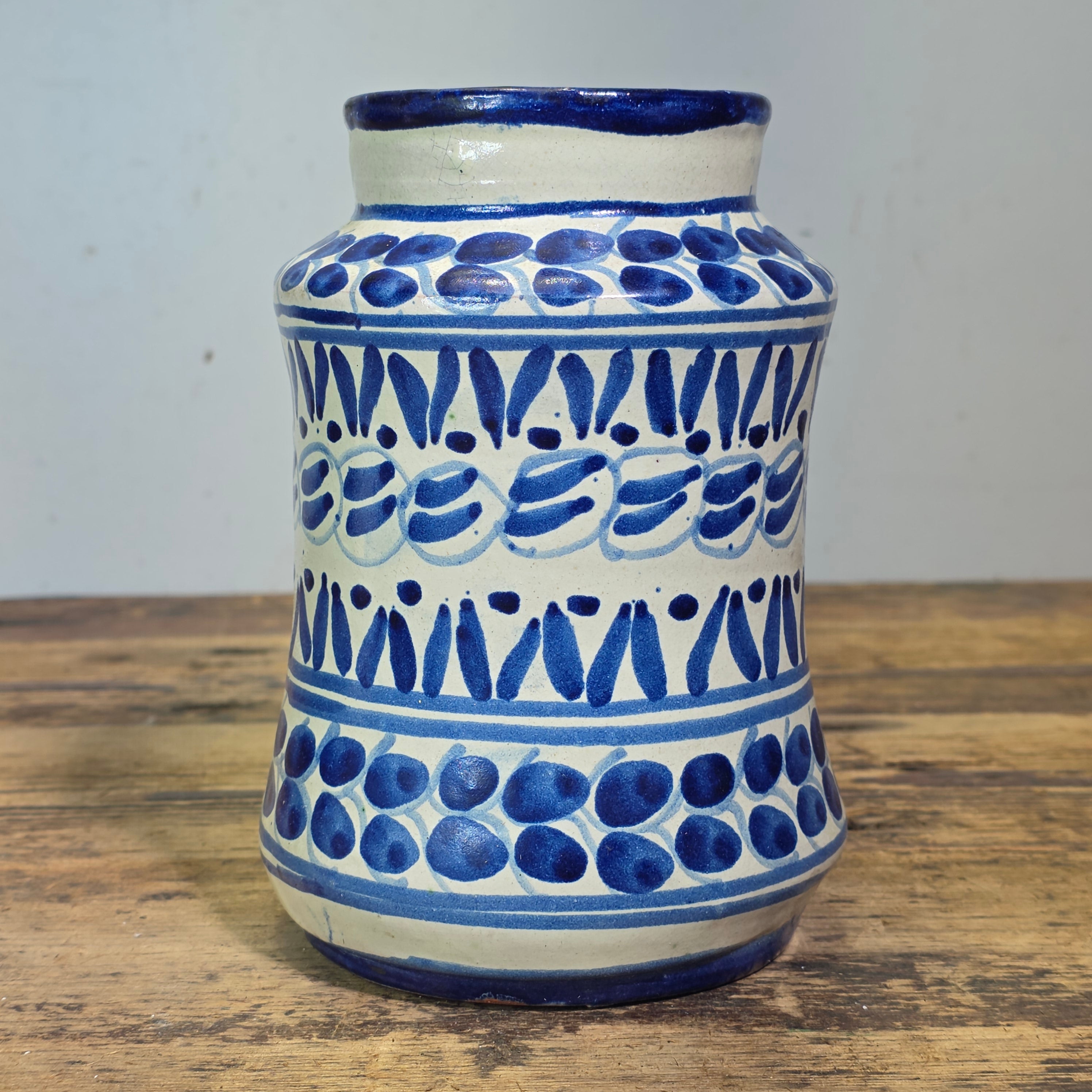 Vintage Talavera Mexican Pottery Albarello Flower Vase Apothecary Jar Blue White