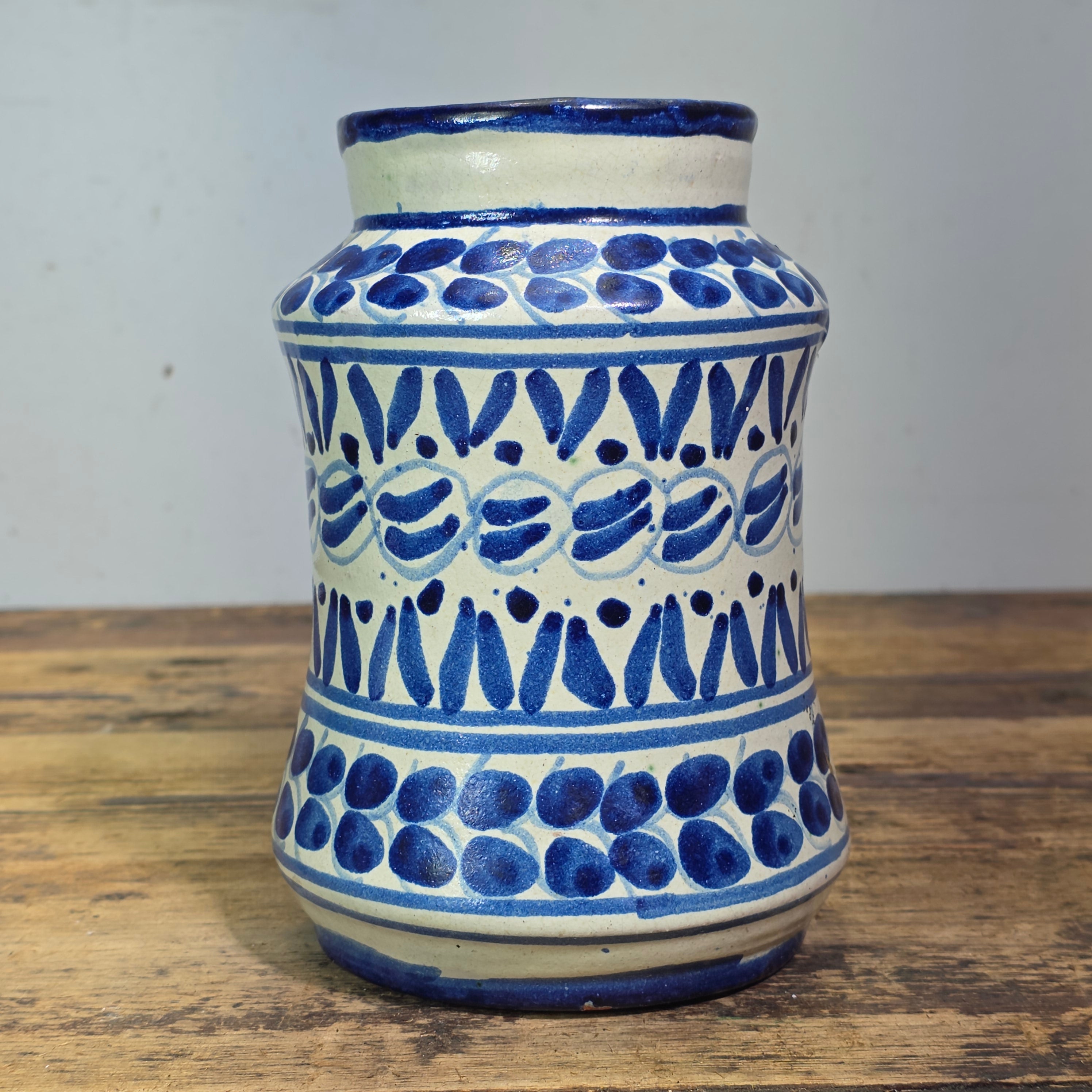 Vintage Talavera Mexican Pottery Albarello Flower Vase Apothecary Jar Blue White