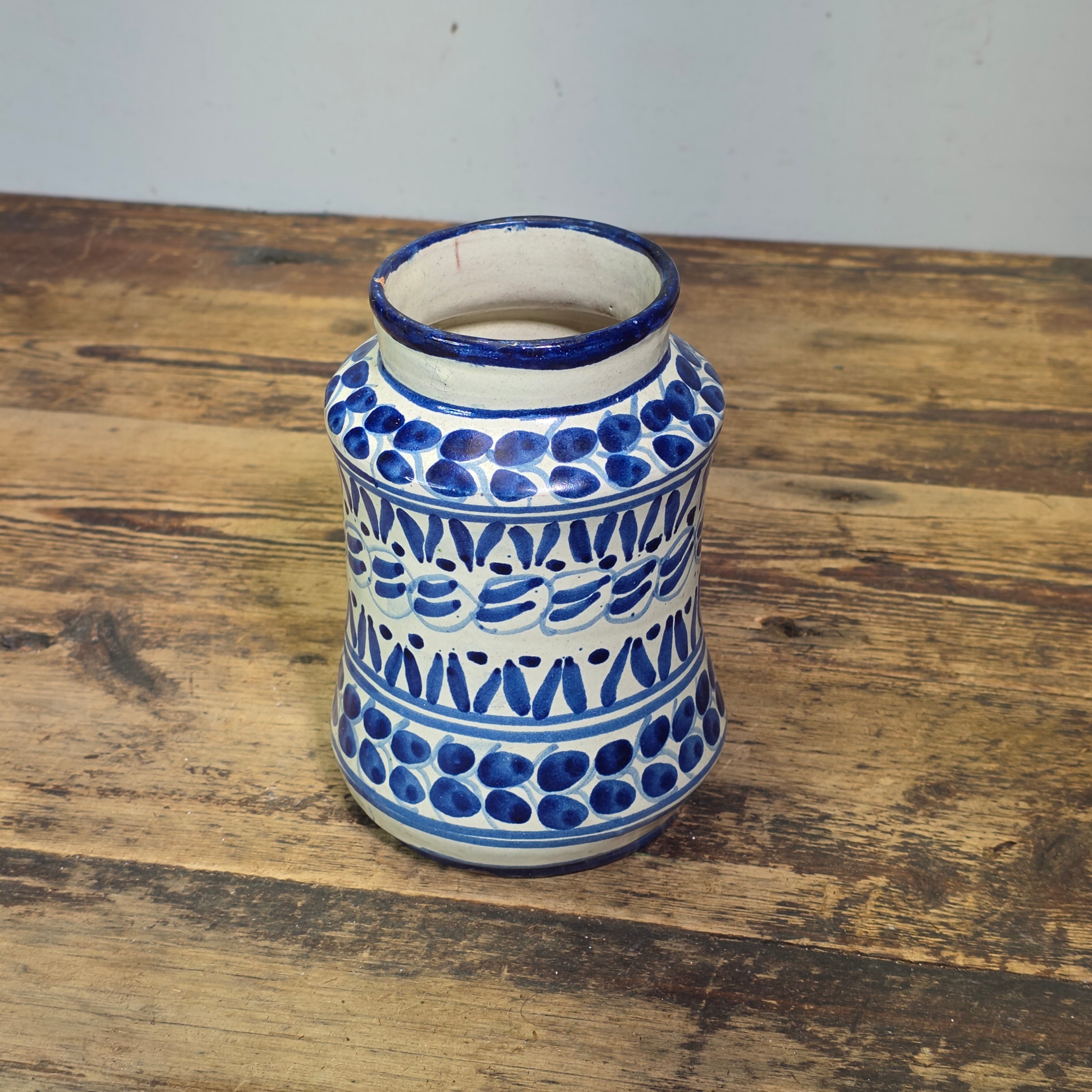 Vintage Talavera Mexican Pottery Albarello Flower Vase Apothecary Jar Blue White