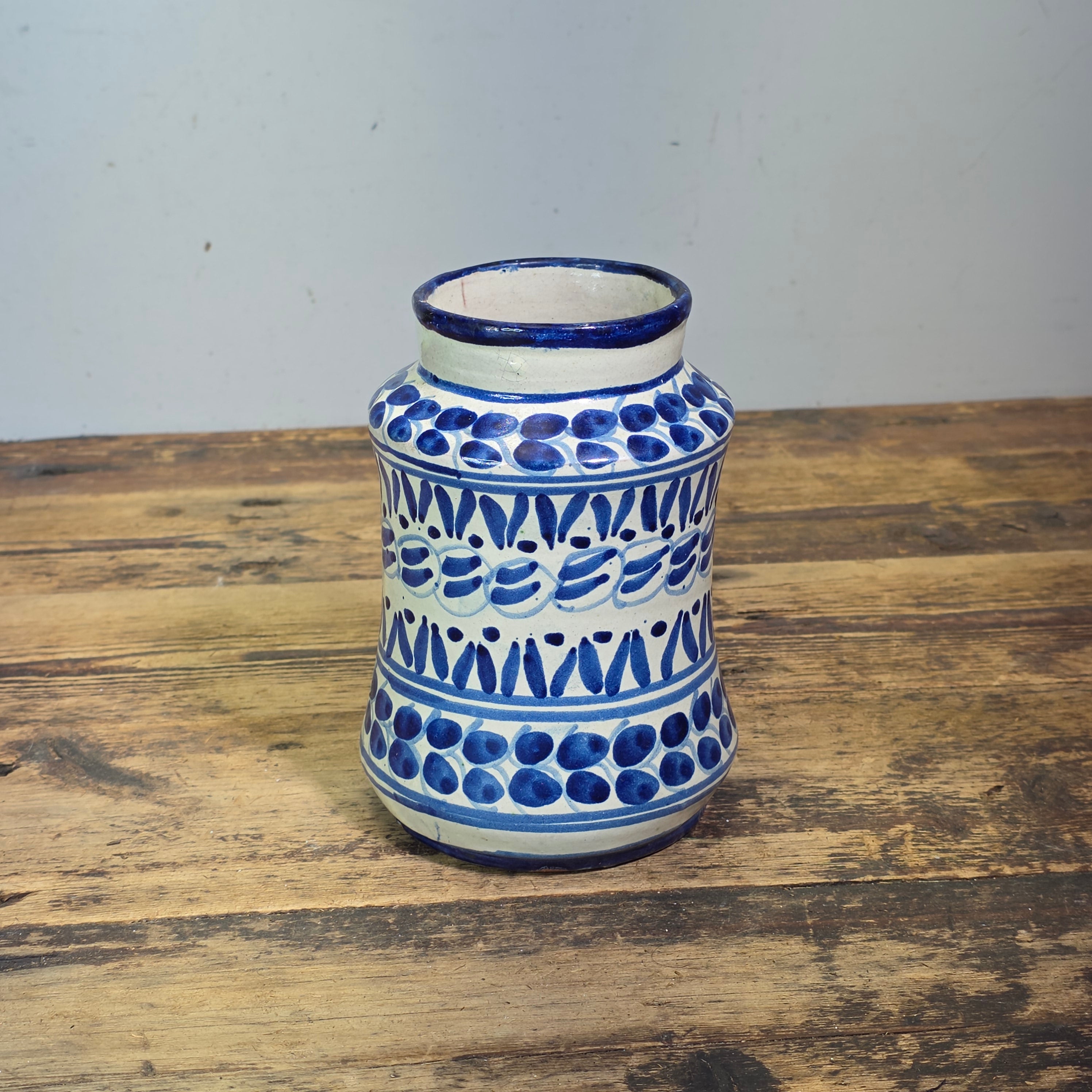 Vintage Talavera Mexican Pottery Albarello Flower Vase Apothecary Jar Blue White