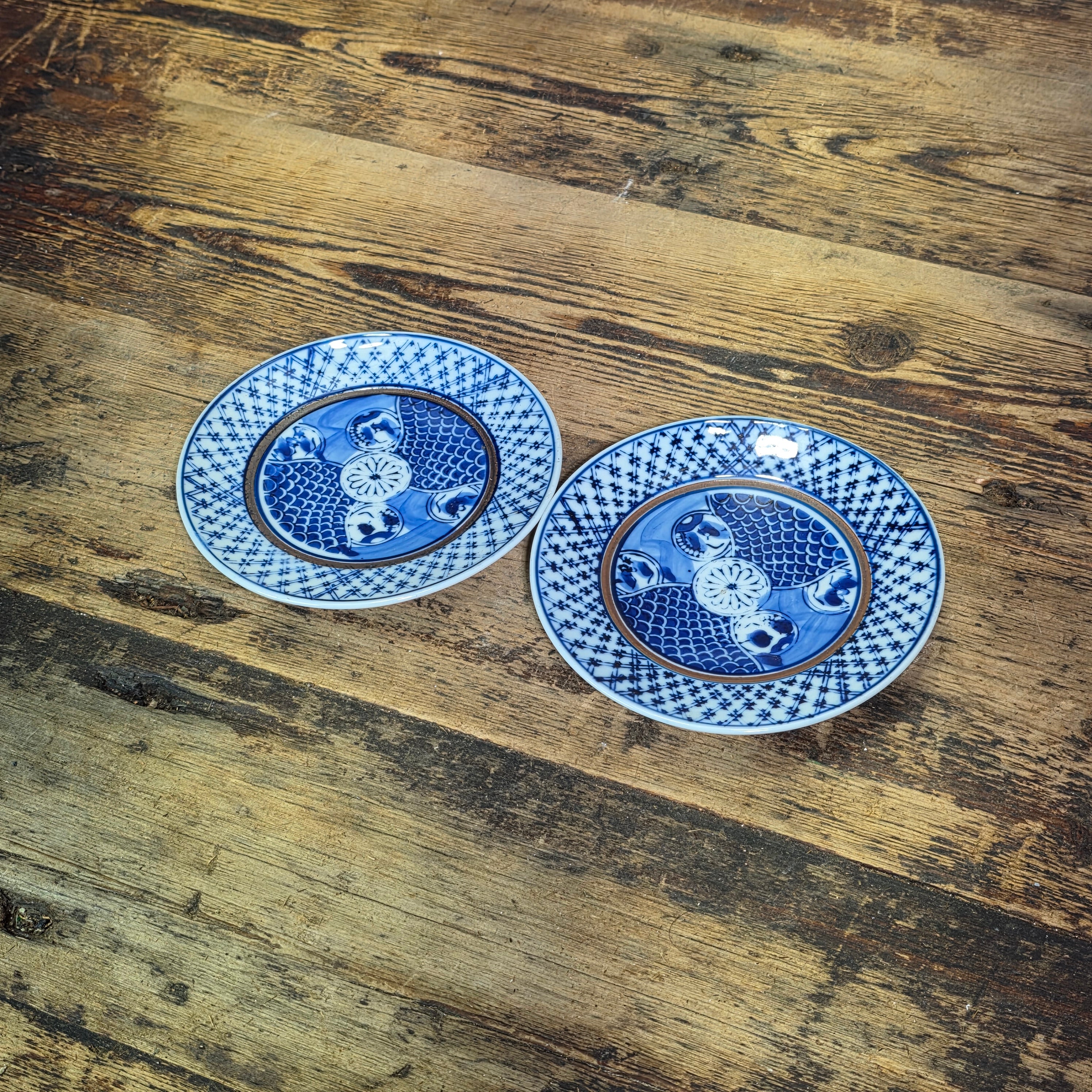Fitz Floyd Shonzui Blue White Porcelain Plates Set 2 Imari Japan Vintage 5.5"