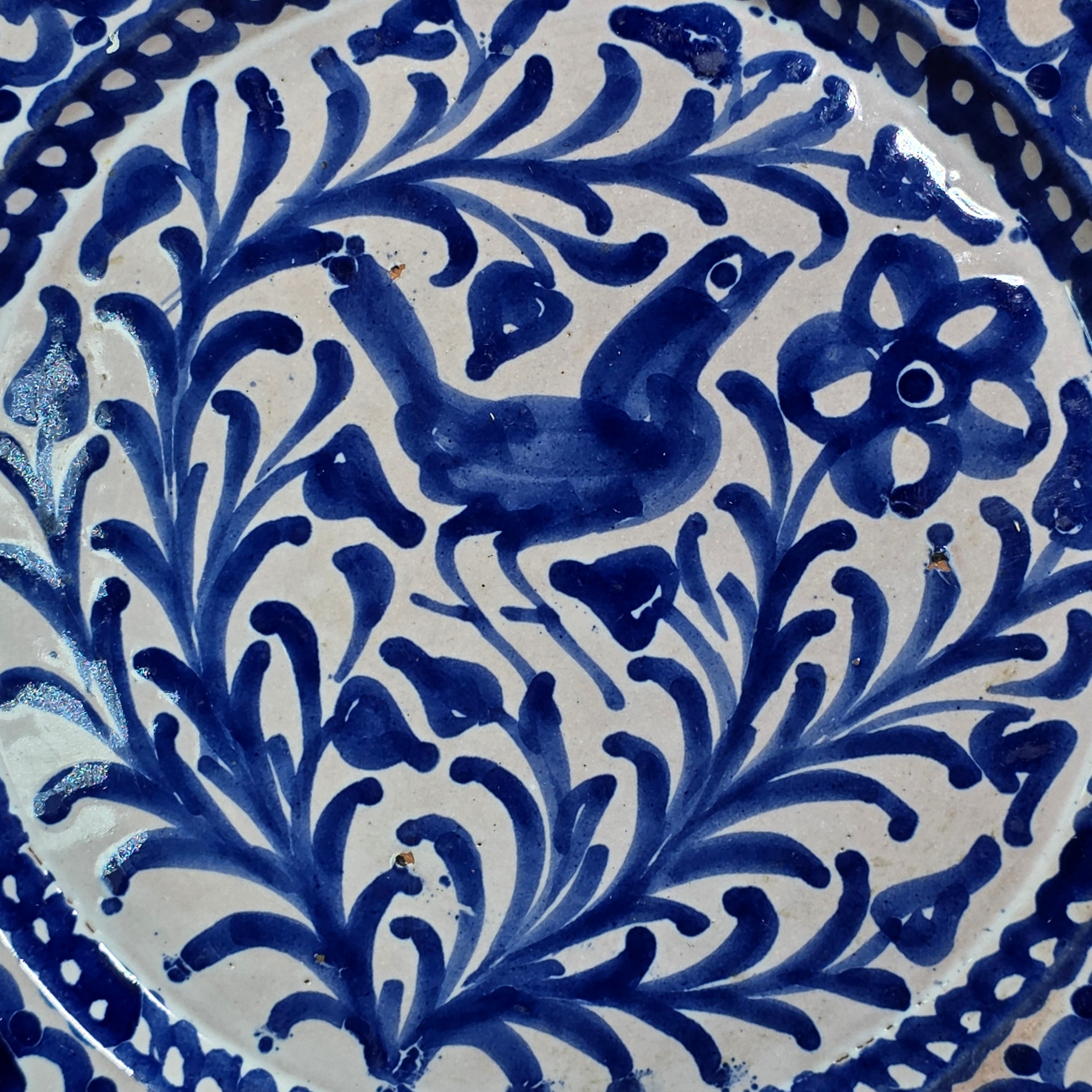 Vintage Fajalauza Granada Spanish Pottery Plate Blue White Bird MMM Morales 9"