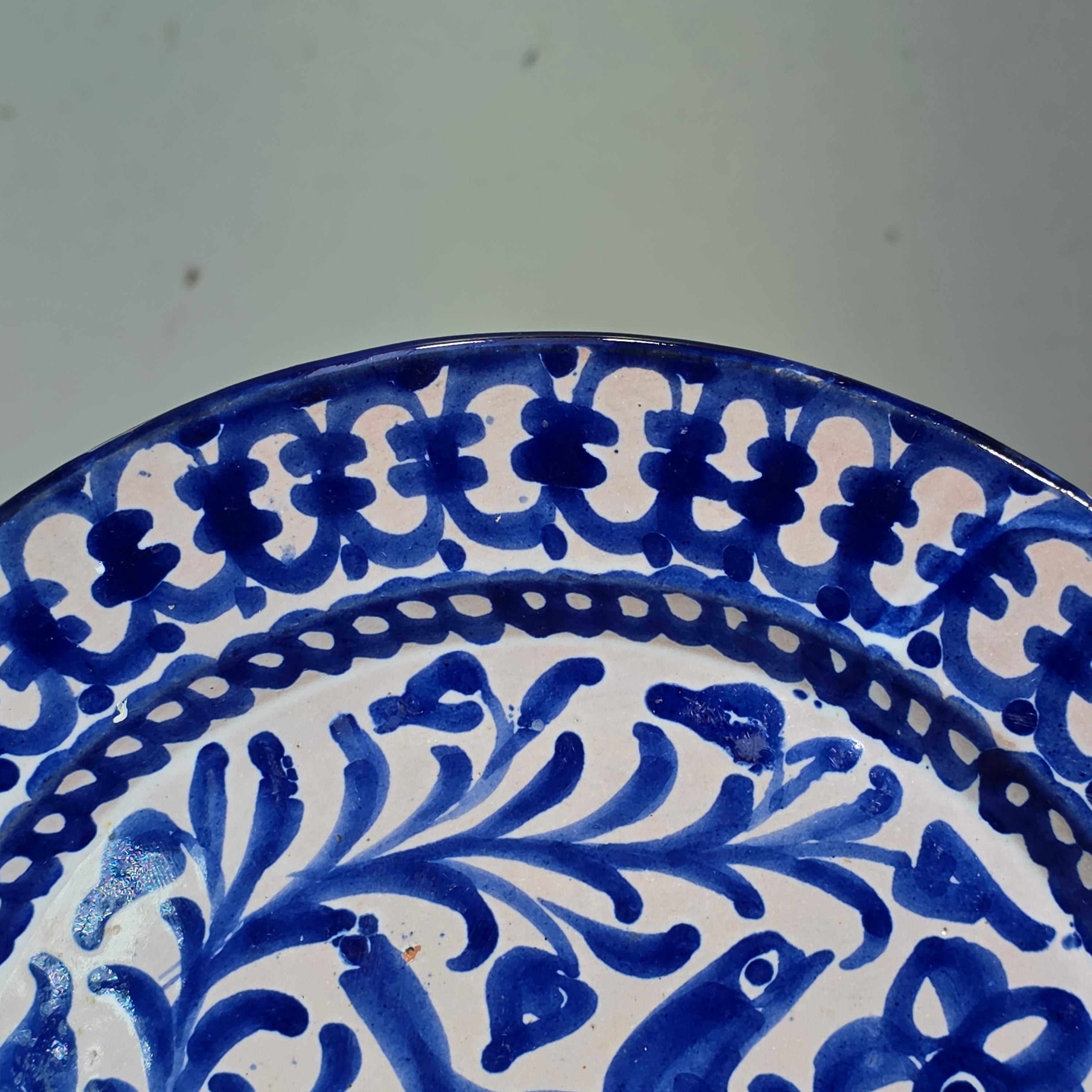 Vintage Fajalauza Granada Spanish Pottery Plate Blue White Bird MMM Morales 9"