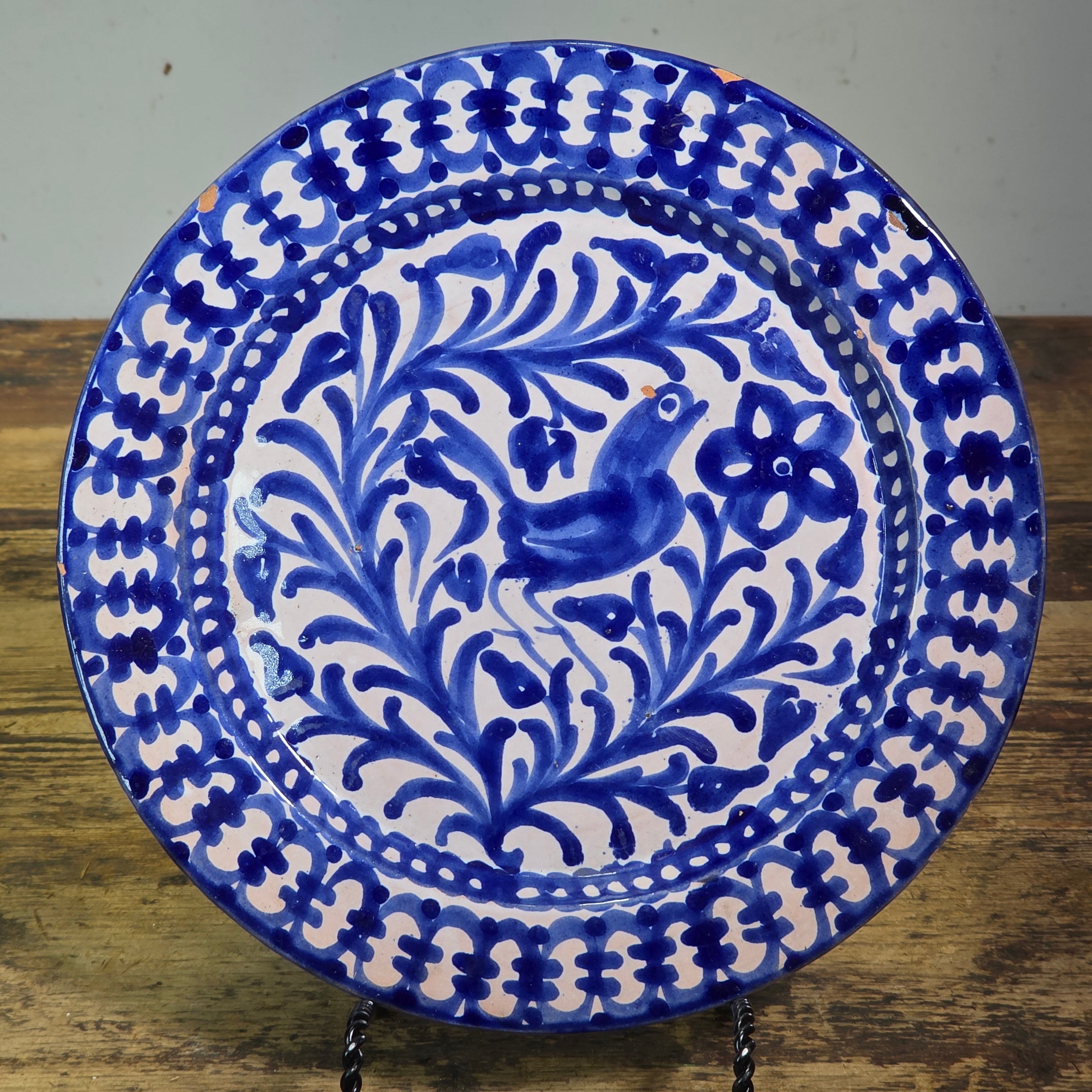 Vintage Fajalauza Granada Spanish Pottery Plate Blue White Bird MMM Morales 9"