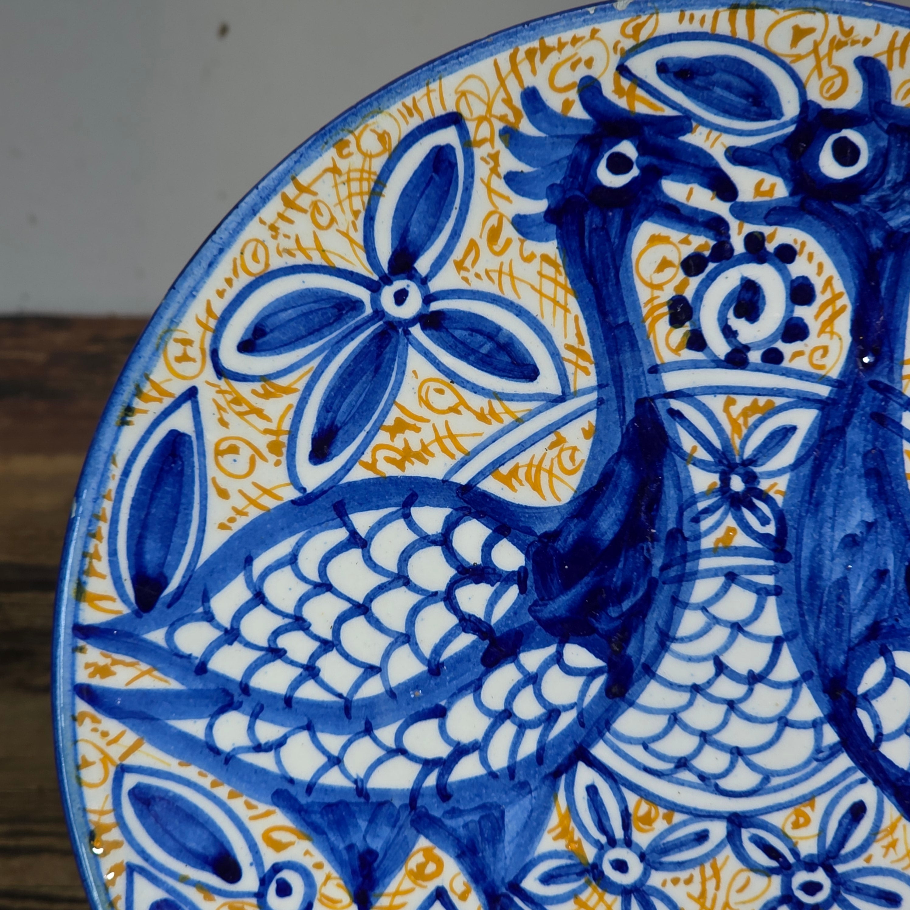 Vintage Fajalauza Granada Spanish Pottery Plate Blue Yellow Hand Painted Birds 9"