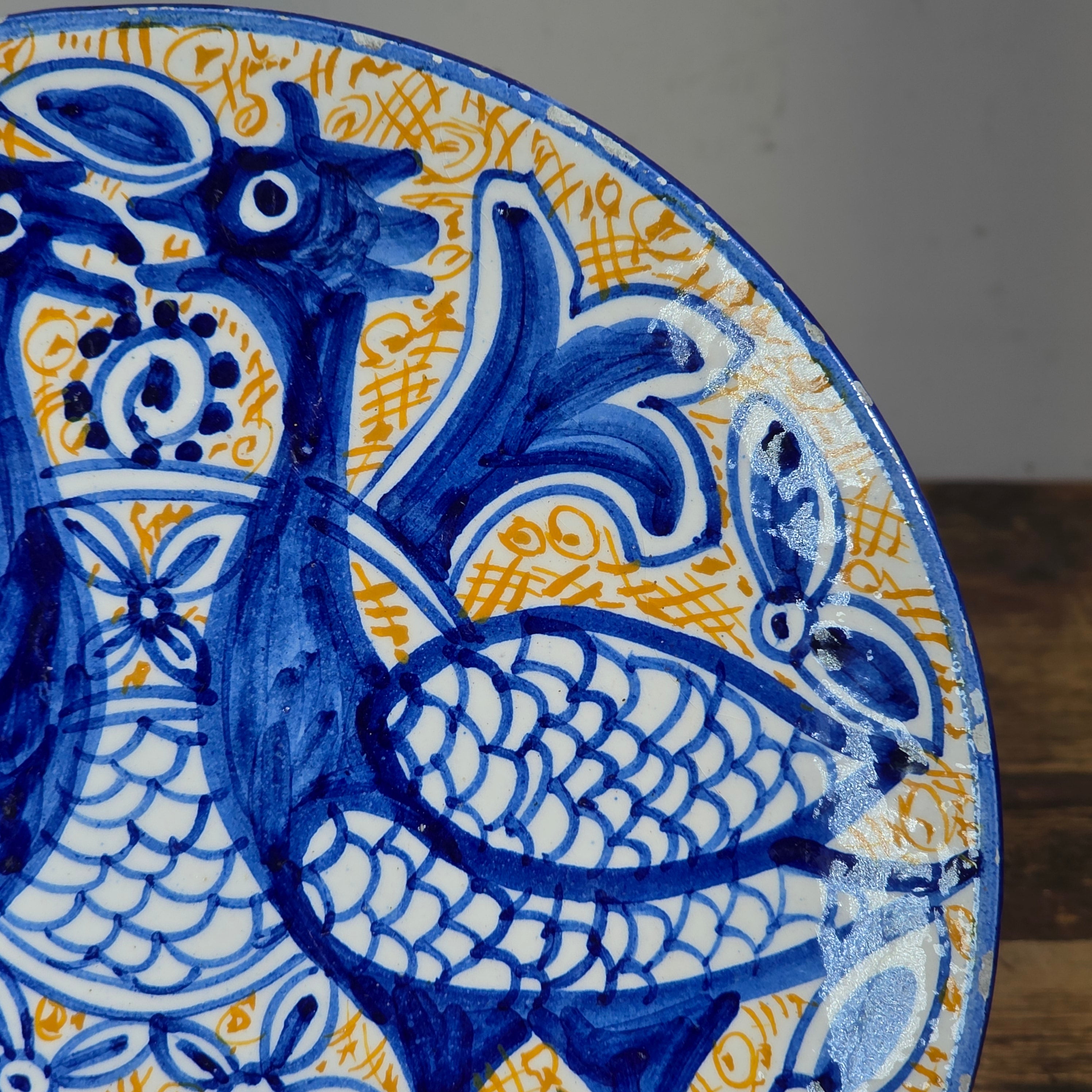 Vintage Fajalauza Granada Spanish Pottery Plate Blue Yellow Hand Painted Birds 9"