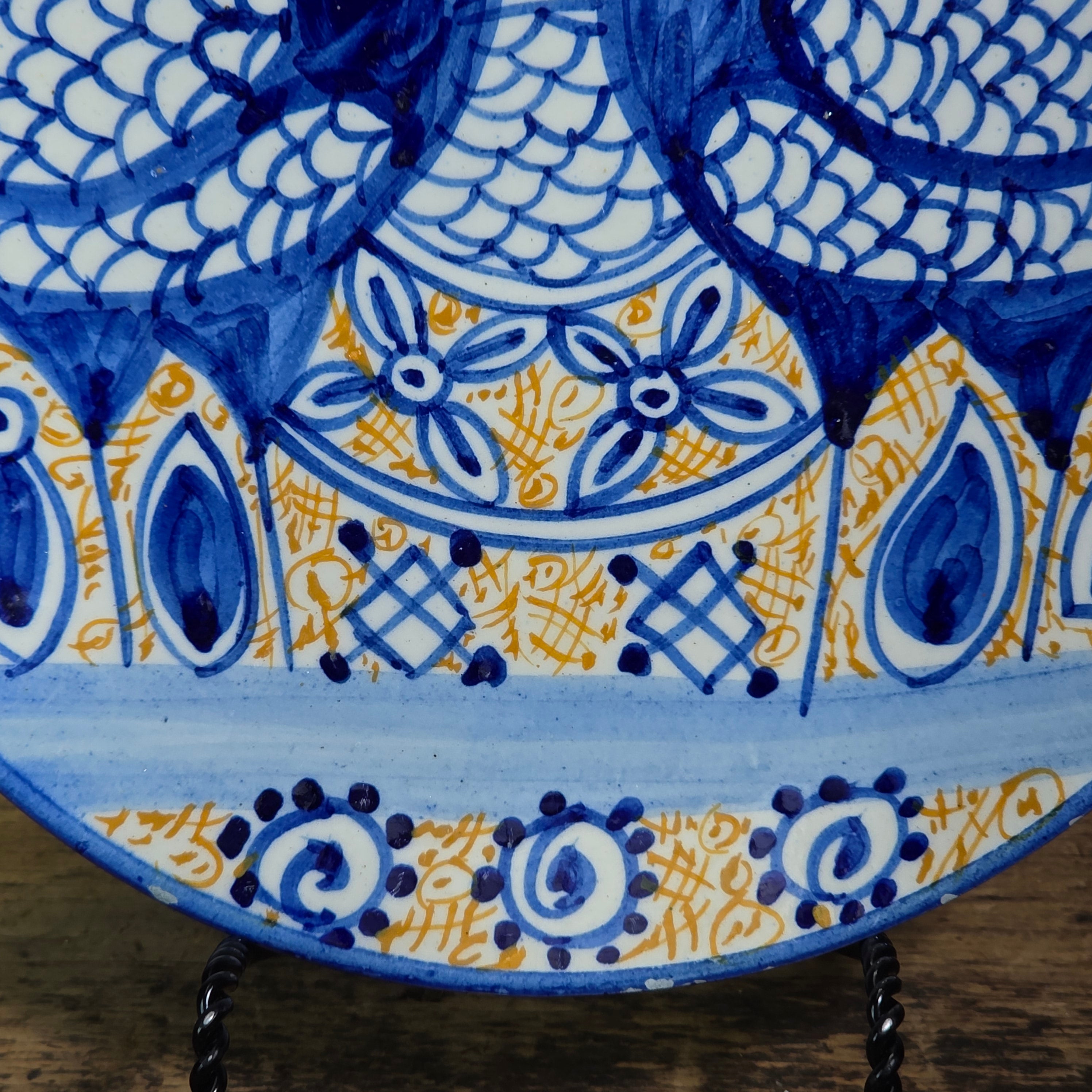 Vintage Fajalauza Granada Spanish Pottery Plate Blue Yellow Hand Painted Birds 9"