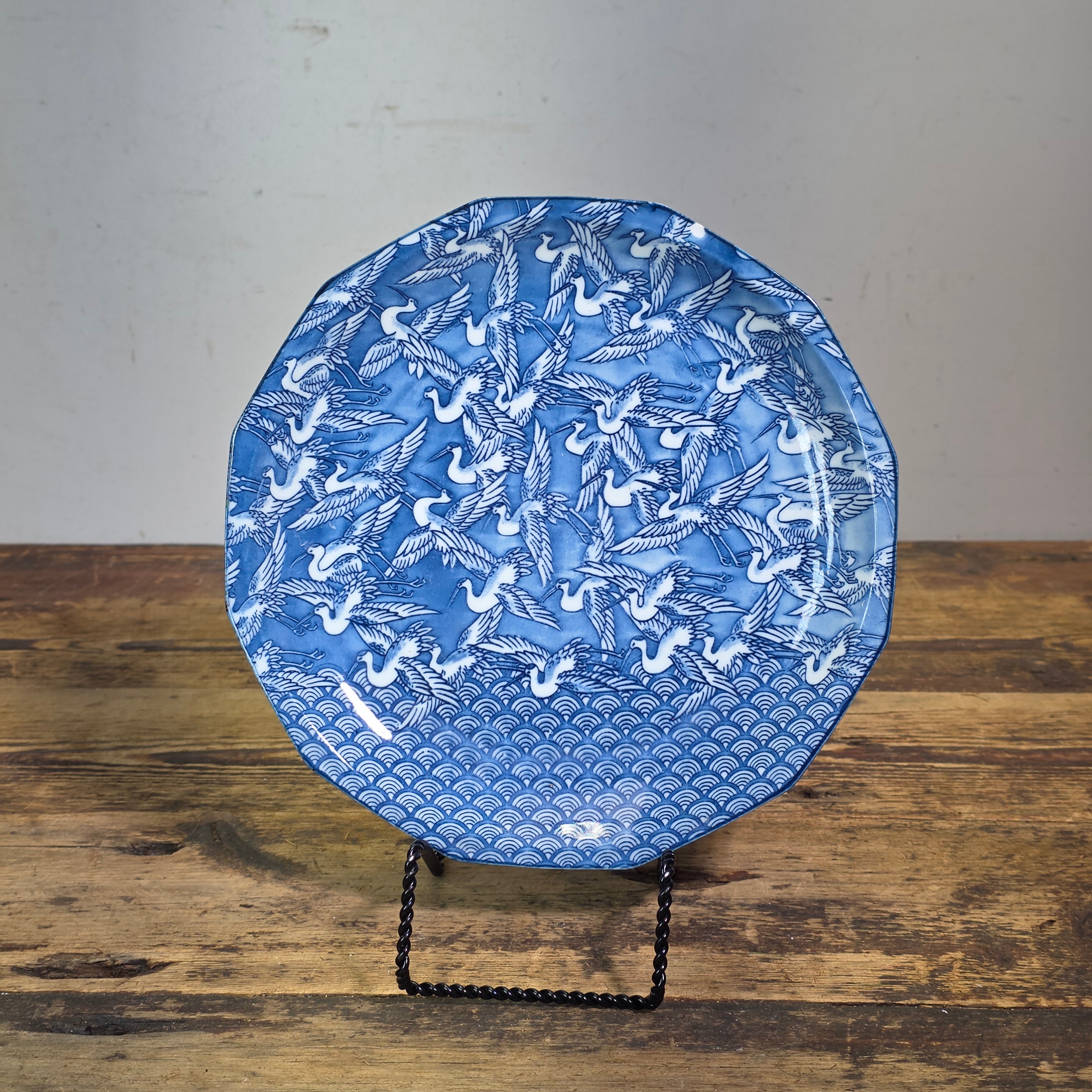 Vintage Takahashi Japan Blue White Porcelain Plate Thousand Cranes Waves 9.5"