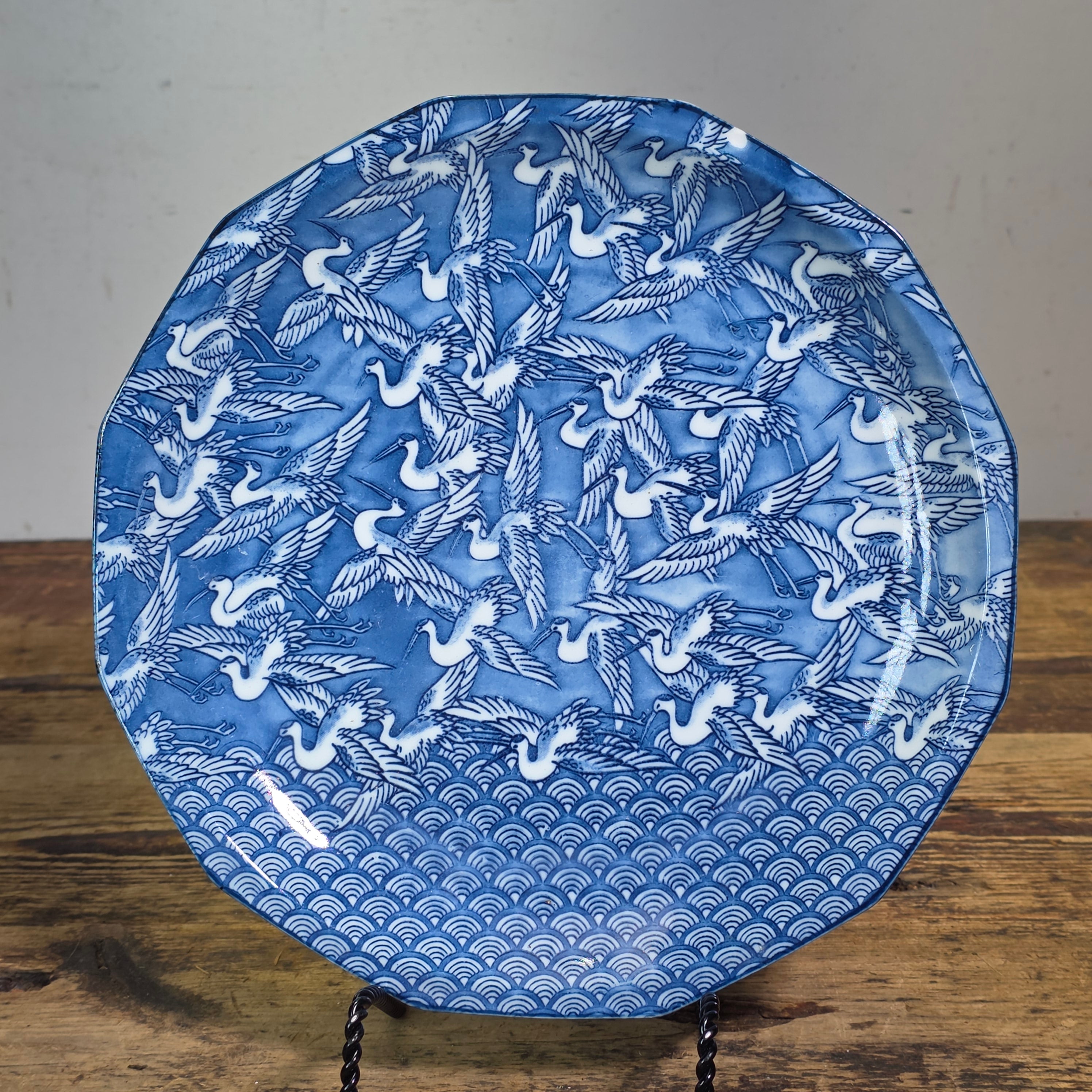 Vintage Takahashi Japan Blue White Porcelain Plate Thousand Cranes Waves 9.5"