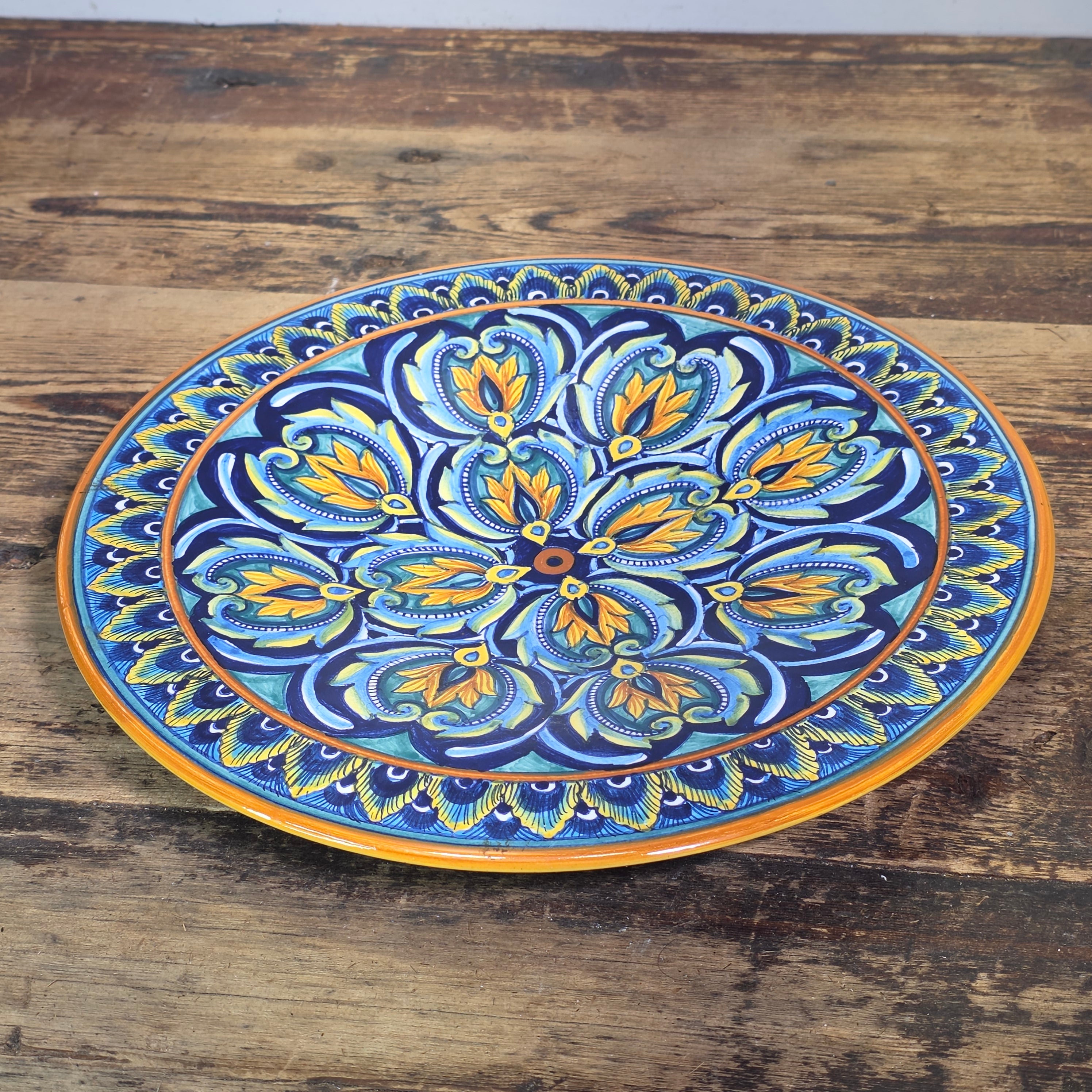 Vintage Deruta Italy Majolica Plate Ricco Peacock Feather Hand Painted Signed 12"