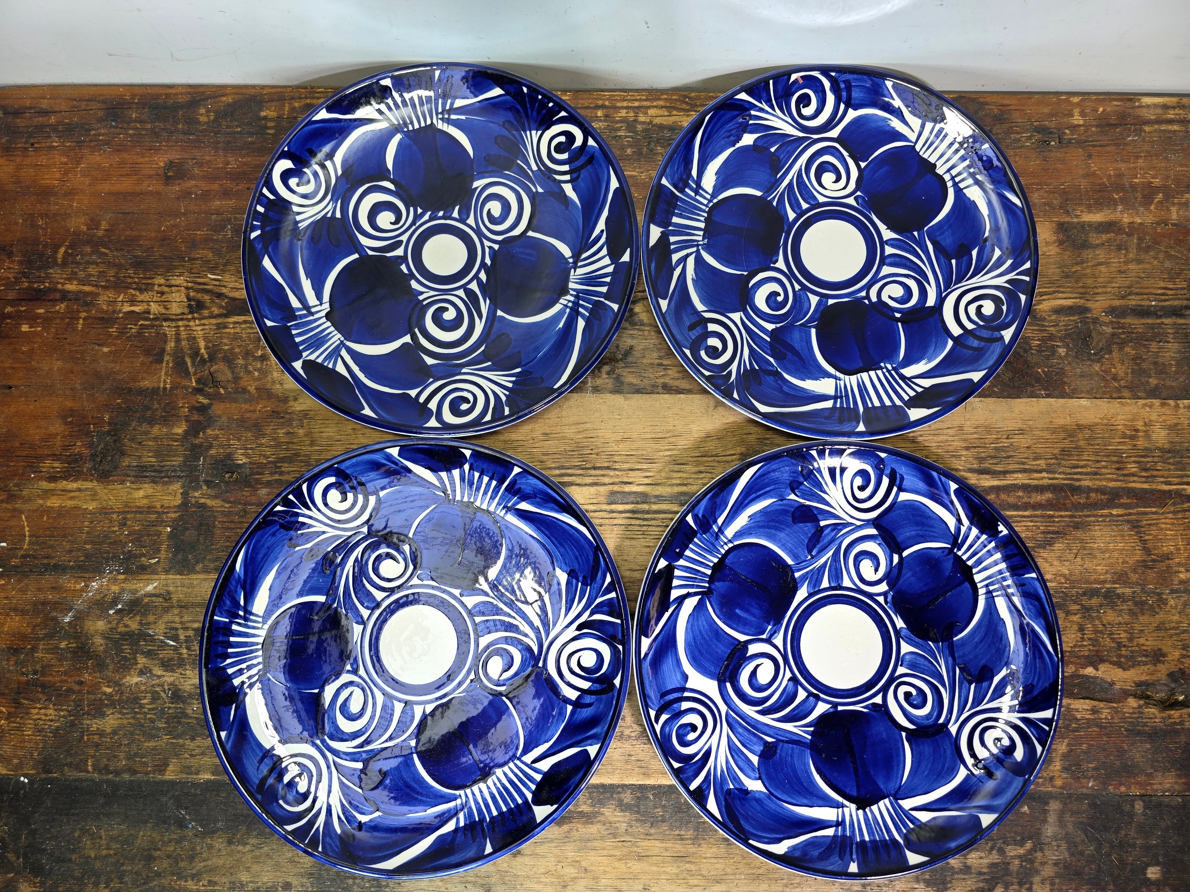 Vintage Mexican Talavera Pottery Dinner Plates Set 4 Cobalt Blue White Hand Painted 11"