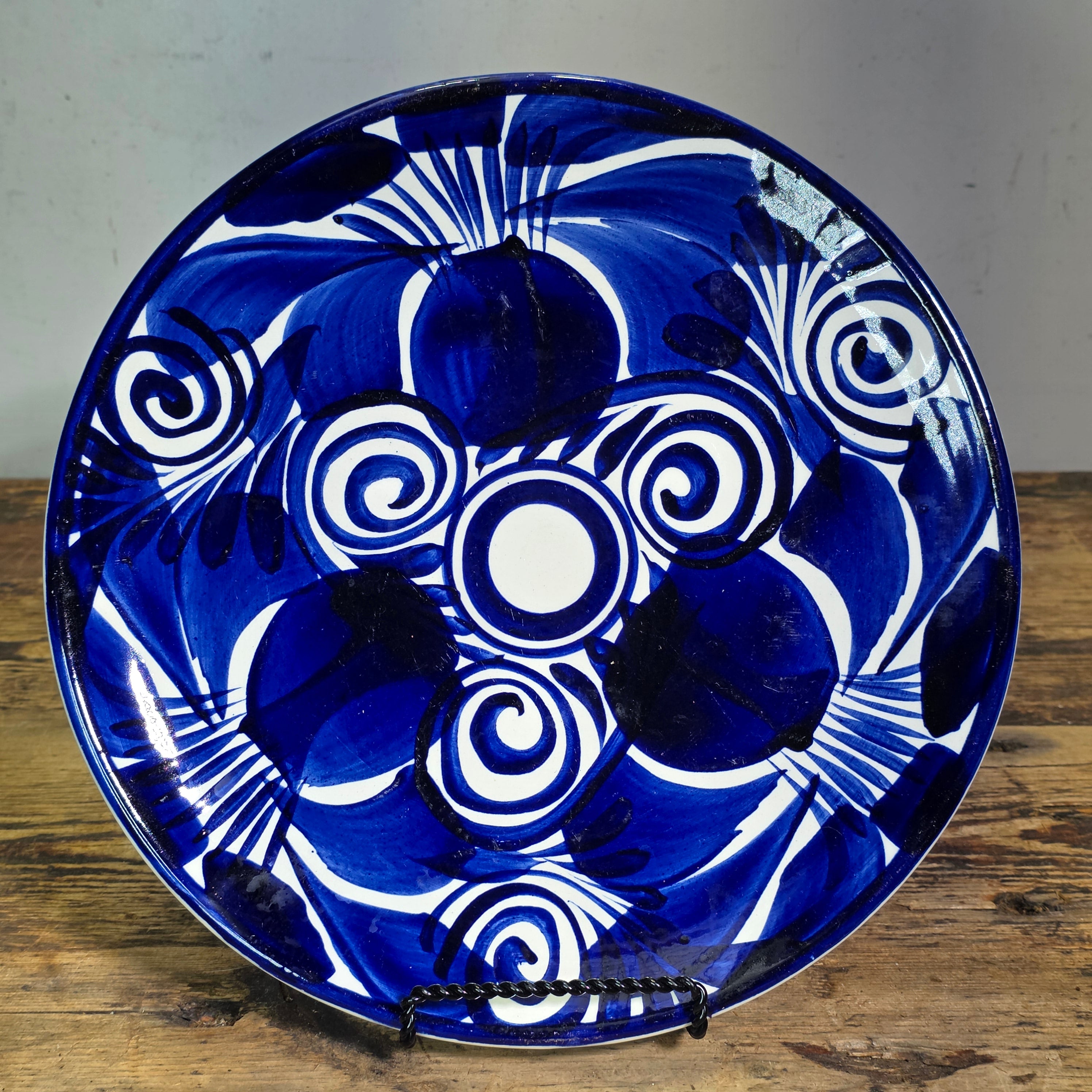 Vintage Mexican Talavera Pottery Dinner Plates Set 4 Cobalt Blue White Hand Painted 11"