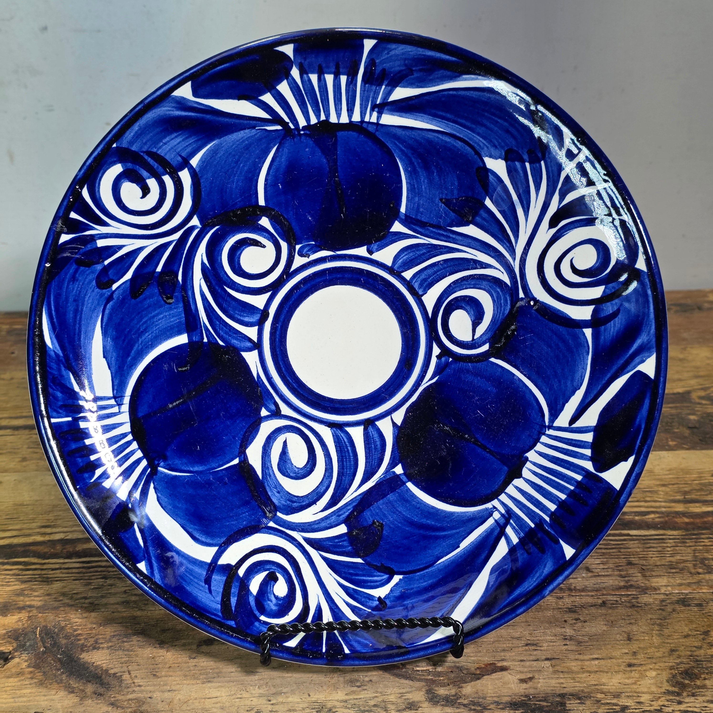 Vintage Mexican Talavera Pottery Dinner Plates Set 4 Cobalt Blue White Hand Painted 11"