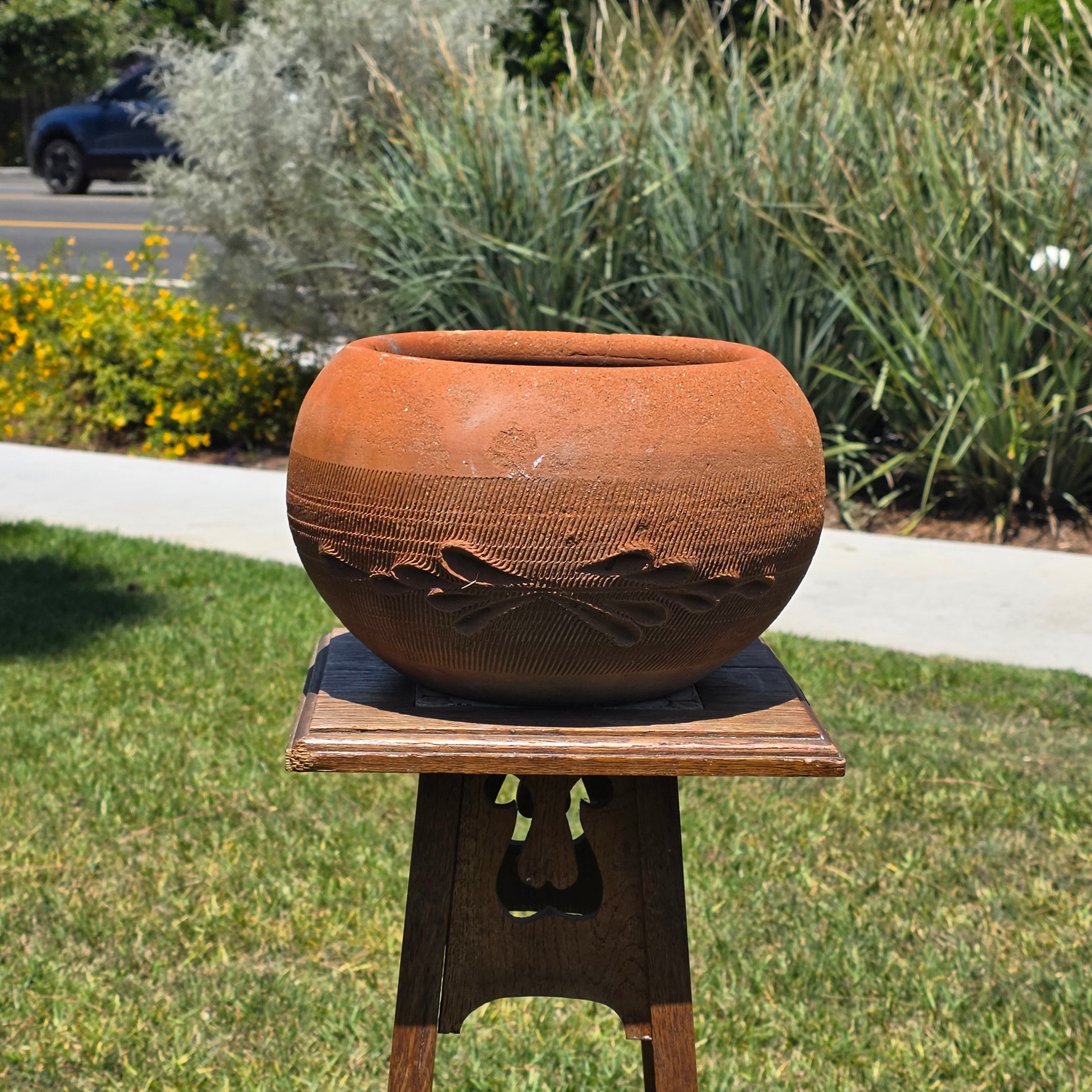 Vintage Terracotta Clay Planter Large Round Flower Pot Primitive Hand Carved 11"