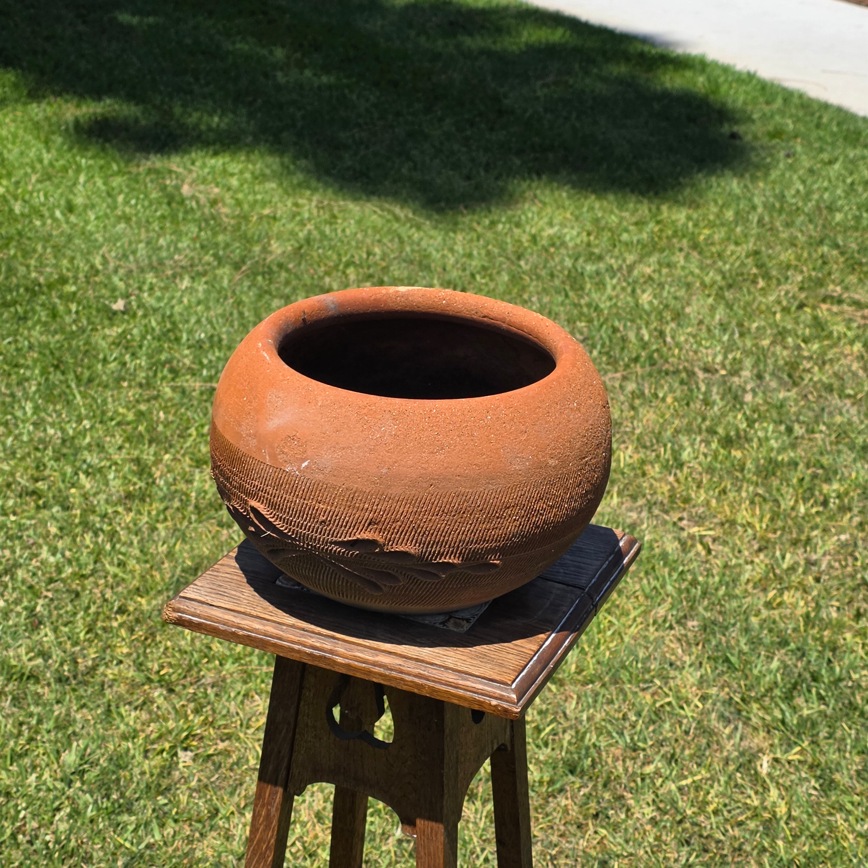 Vintage Terracotta Clay Planter Large Round Flower Pot Primitive Hand Carved 11"