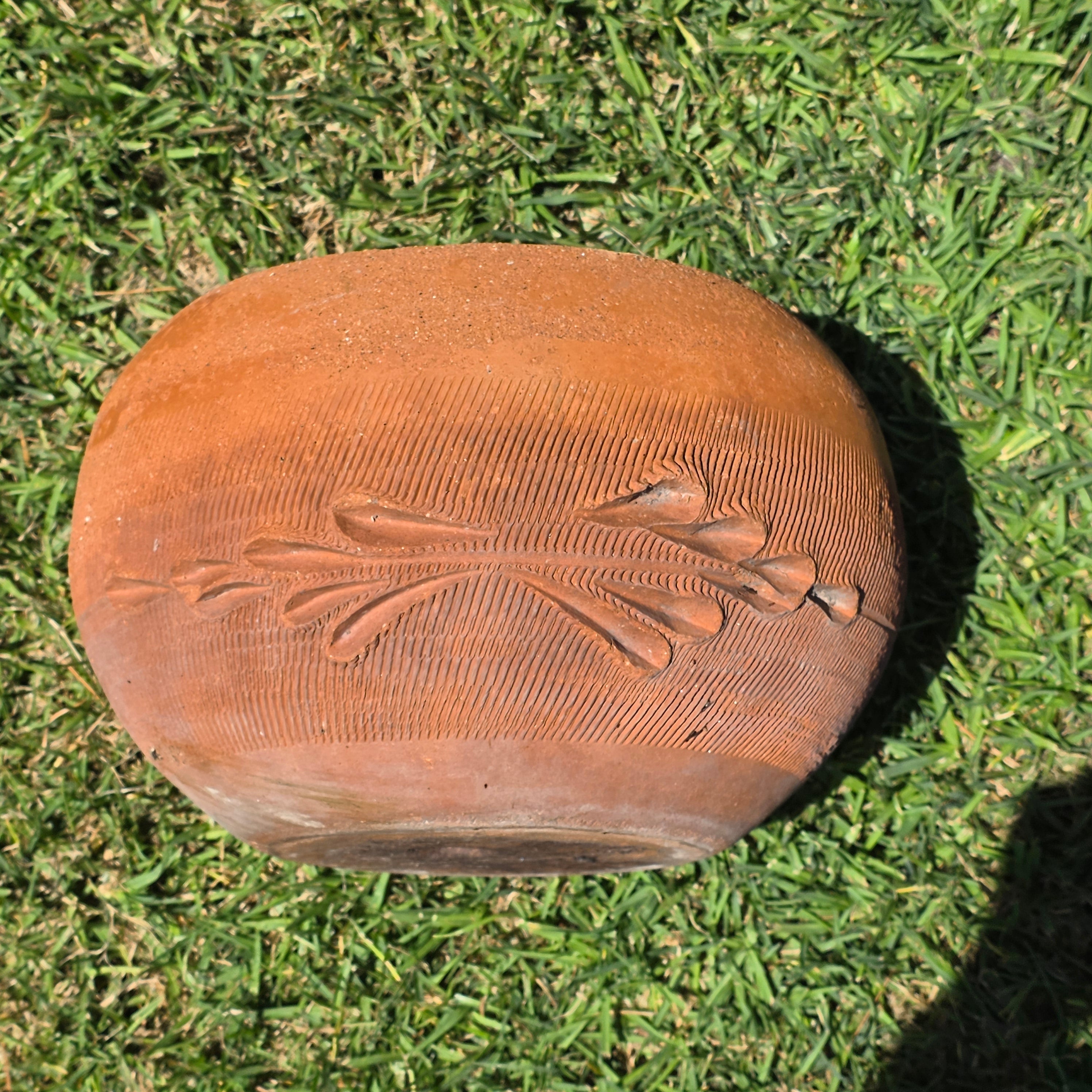 Vintage Terracotta Clay Planter Large Round Flower Pot Primitive Hand Carved 11"