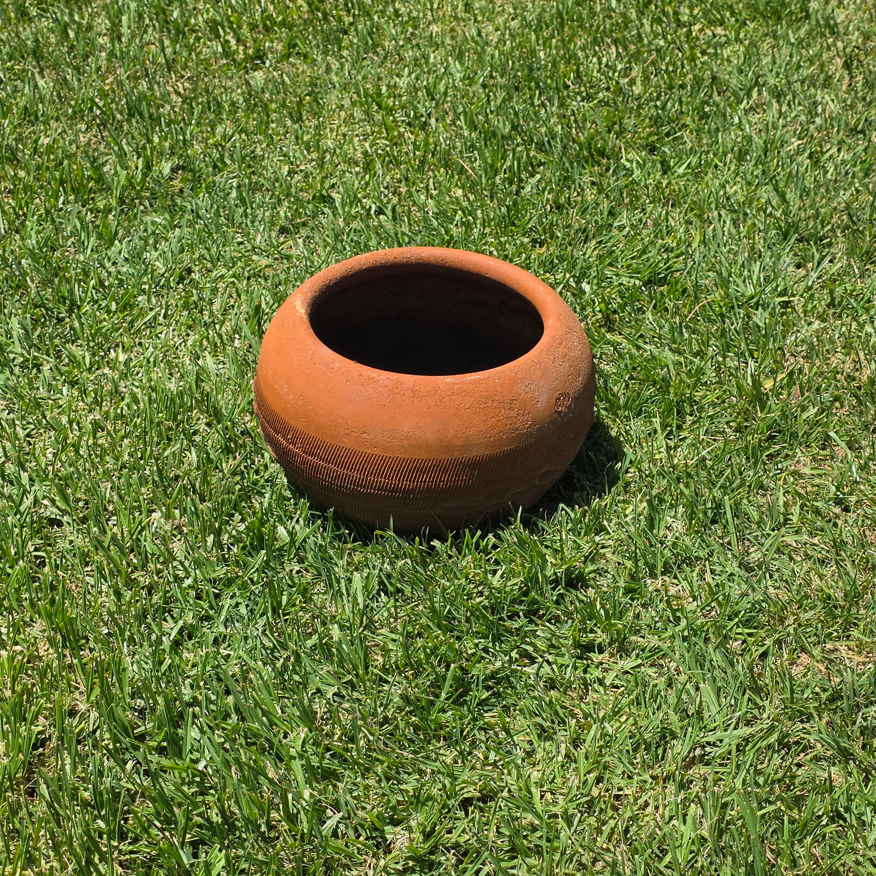 Vintage Terracotta Clay Planter Large Round Flower Pot Primitive Hand Carved 11"