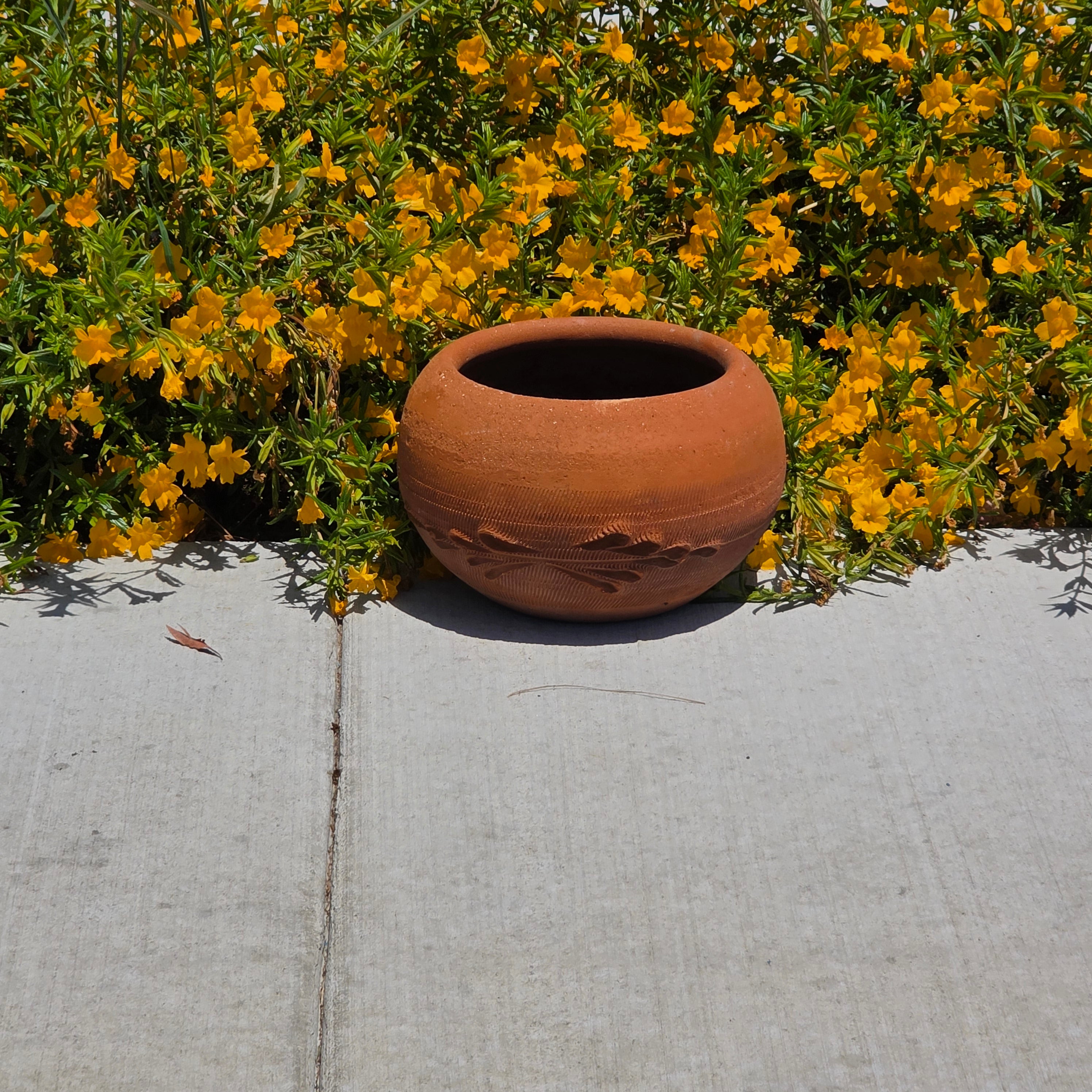 Vintage Terracotta Clay Planter Large Round Flower Pot Primitive Hand Carved 11"