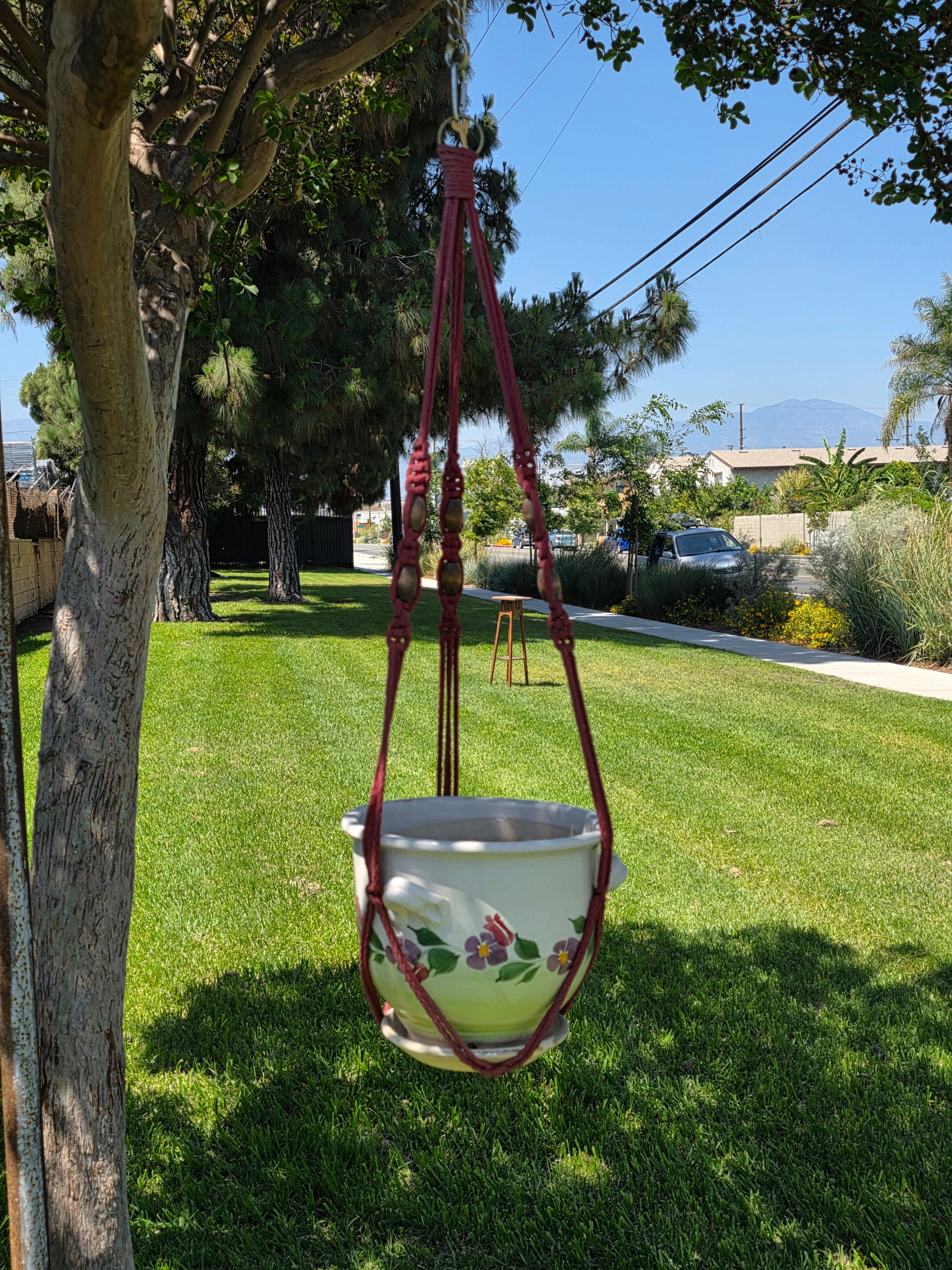 Vintage Majolica Ceramic Planter Attached Saucer Hanging Macrame Rope Pot