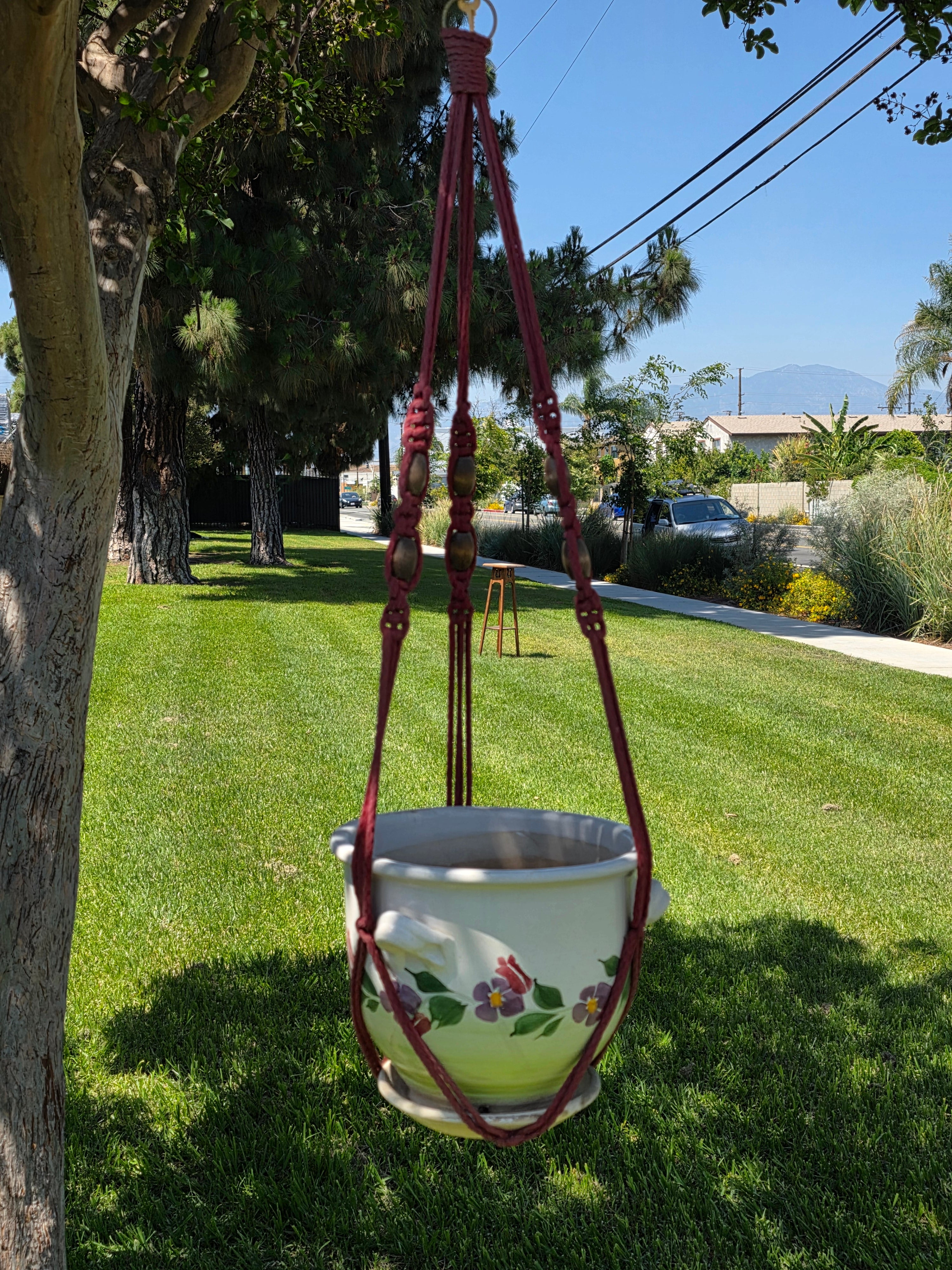 Vintage Majolica Ceramic Planter Attached Saucer Hanging Macrame Rope Pot