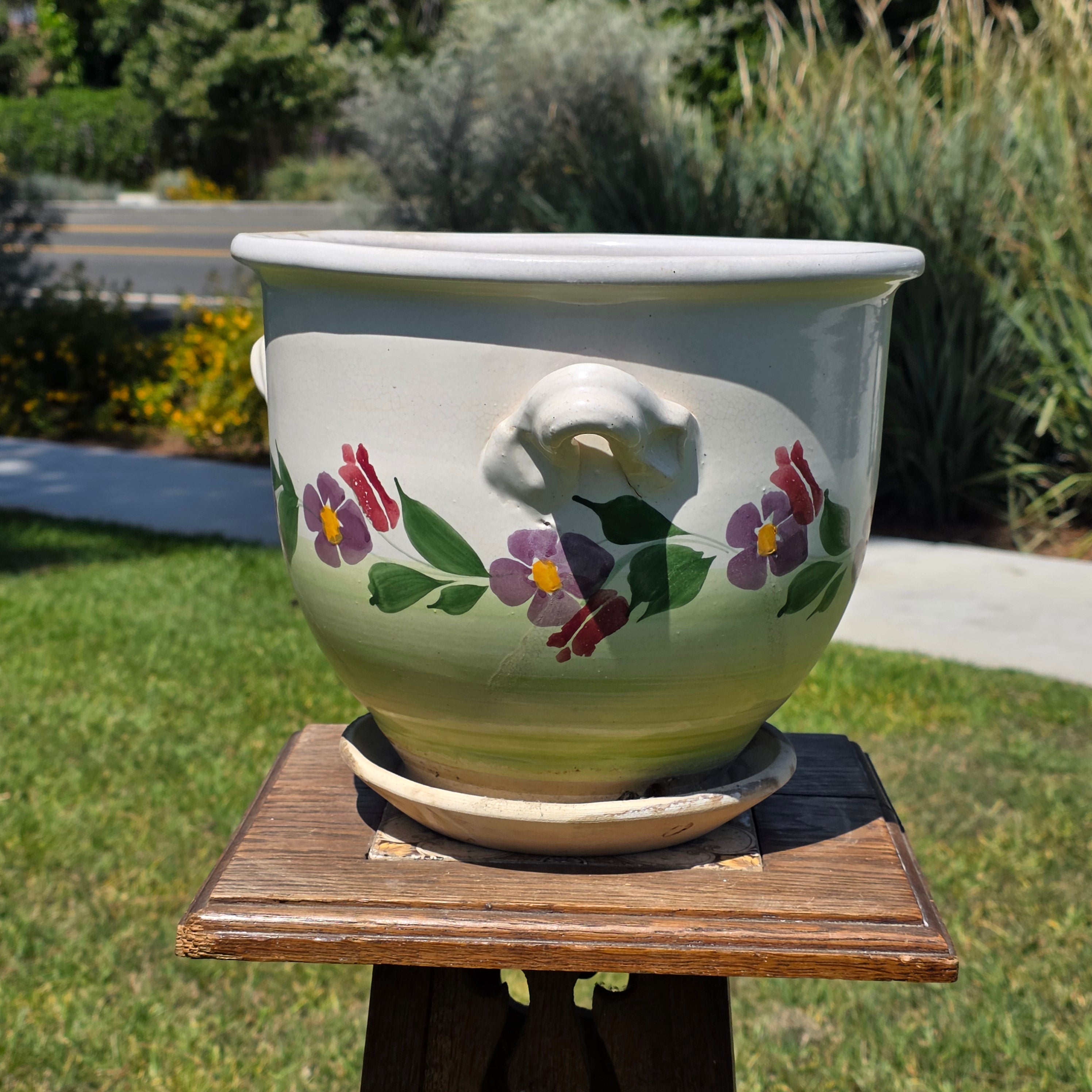 Vintage Majolica Ceramic Planter Attached Saucer Hanging Macrame Rope Pot