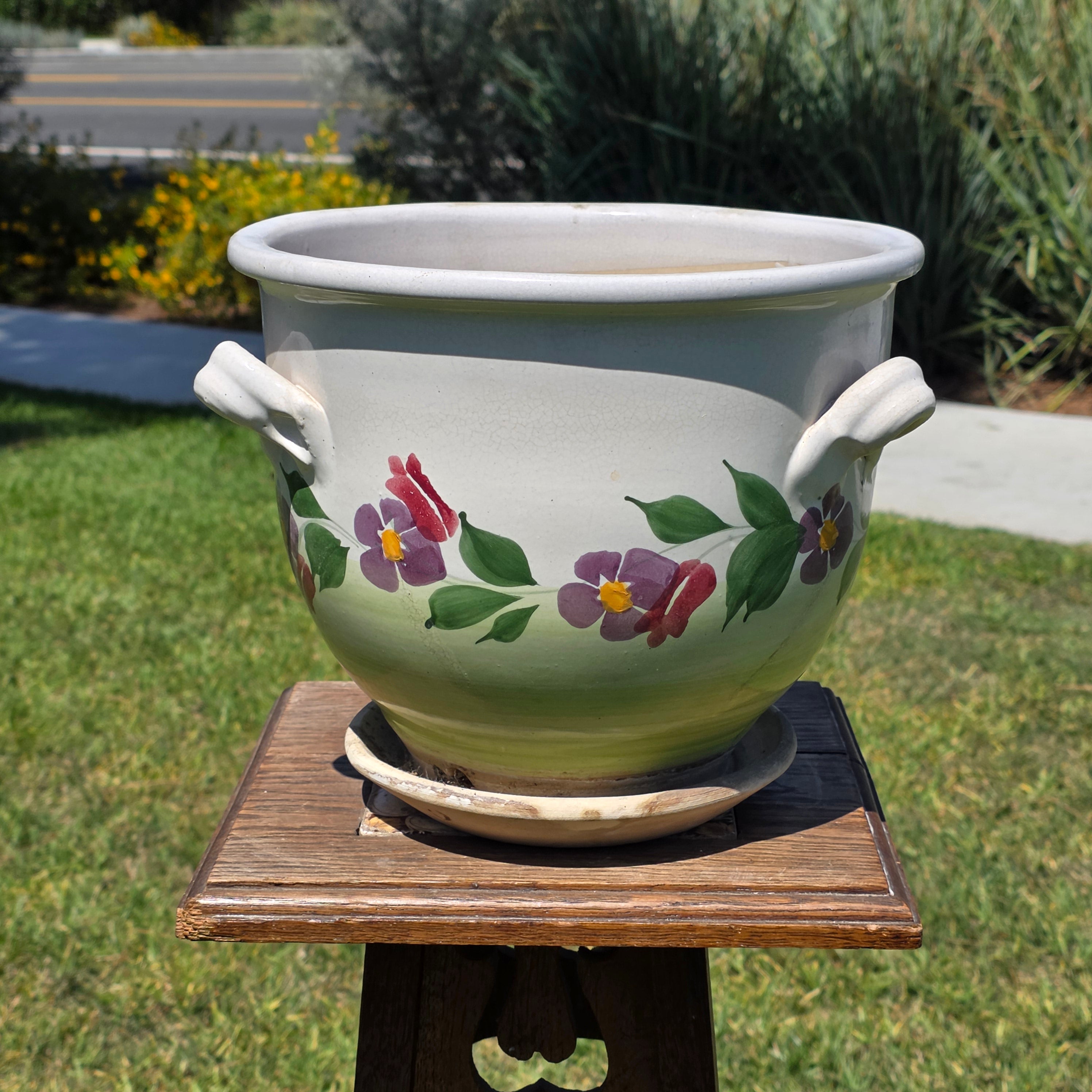 Vintage Majolica Ceramic Planter Attached Saucer Hanging Macrame Rope Pot