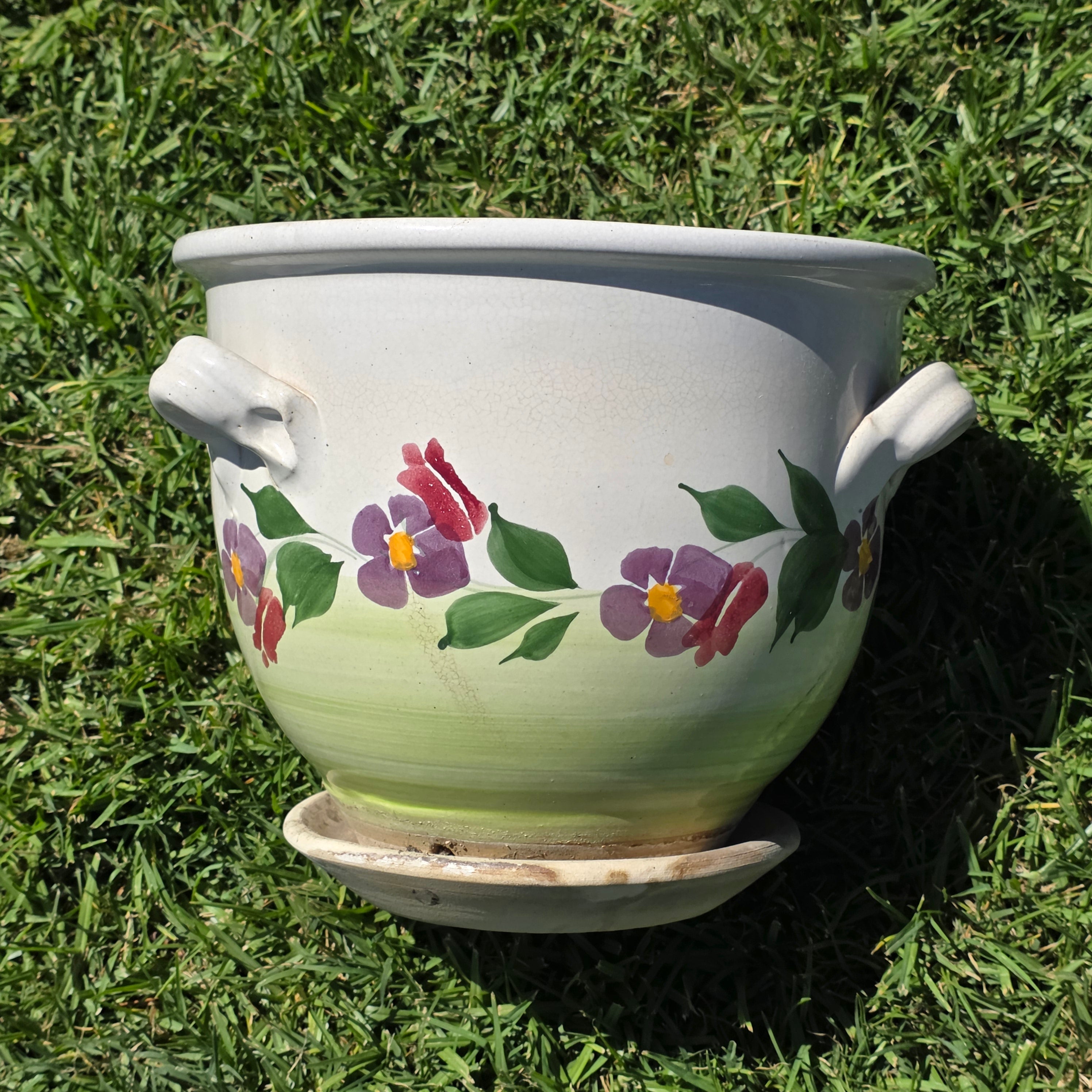 Vintage Majolica Ceramic Planter Attached Saucer Hanging Macrame Rope Pot