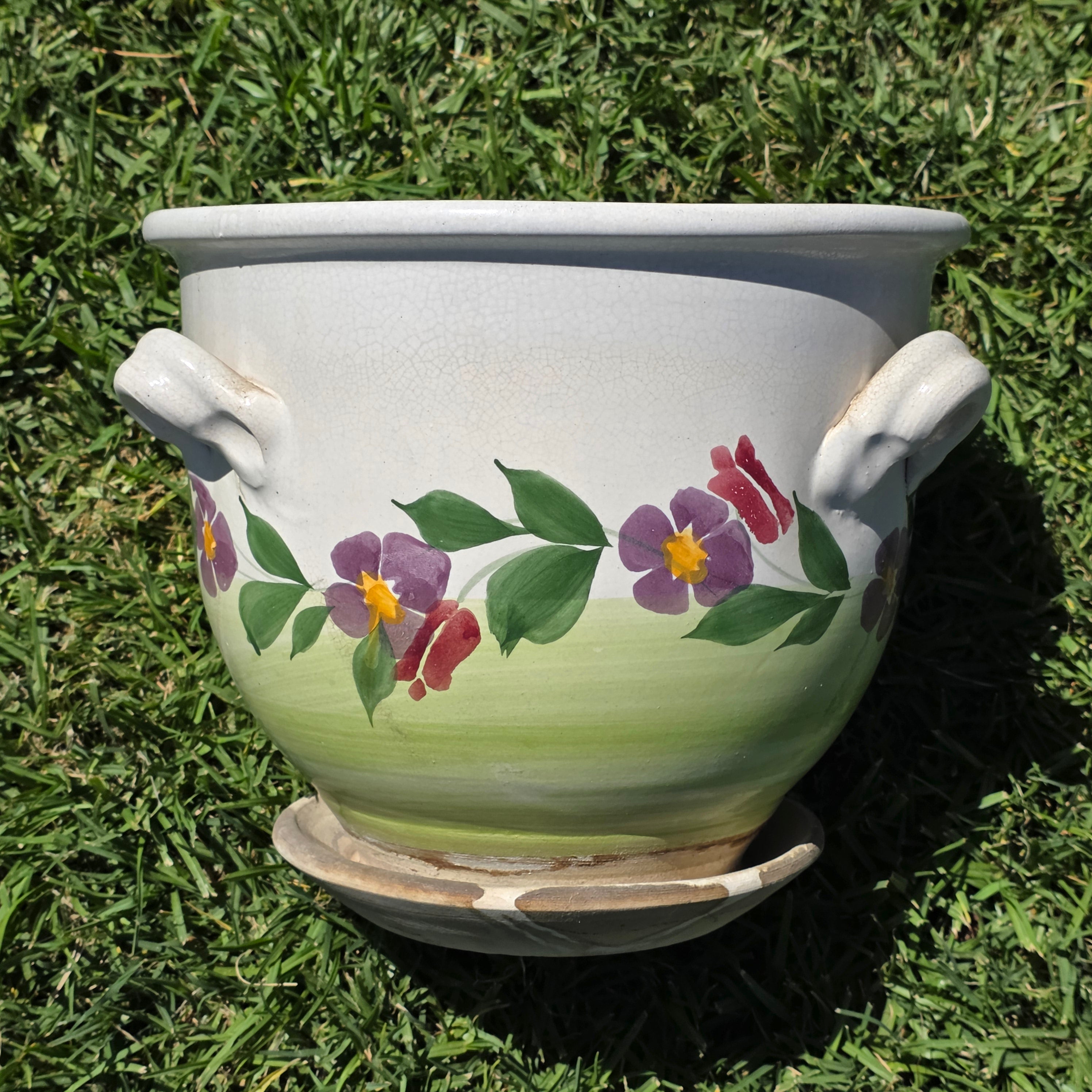 Vintage Majolica Ceramic Planter Attached Saucer Hanging Macrame Rope Pot
