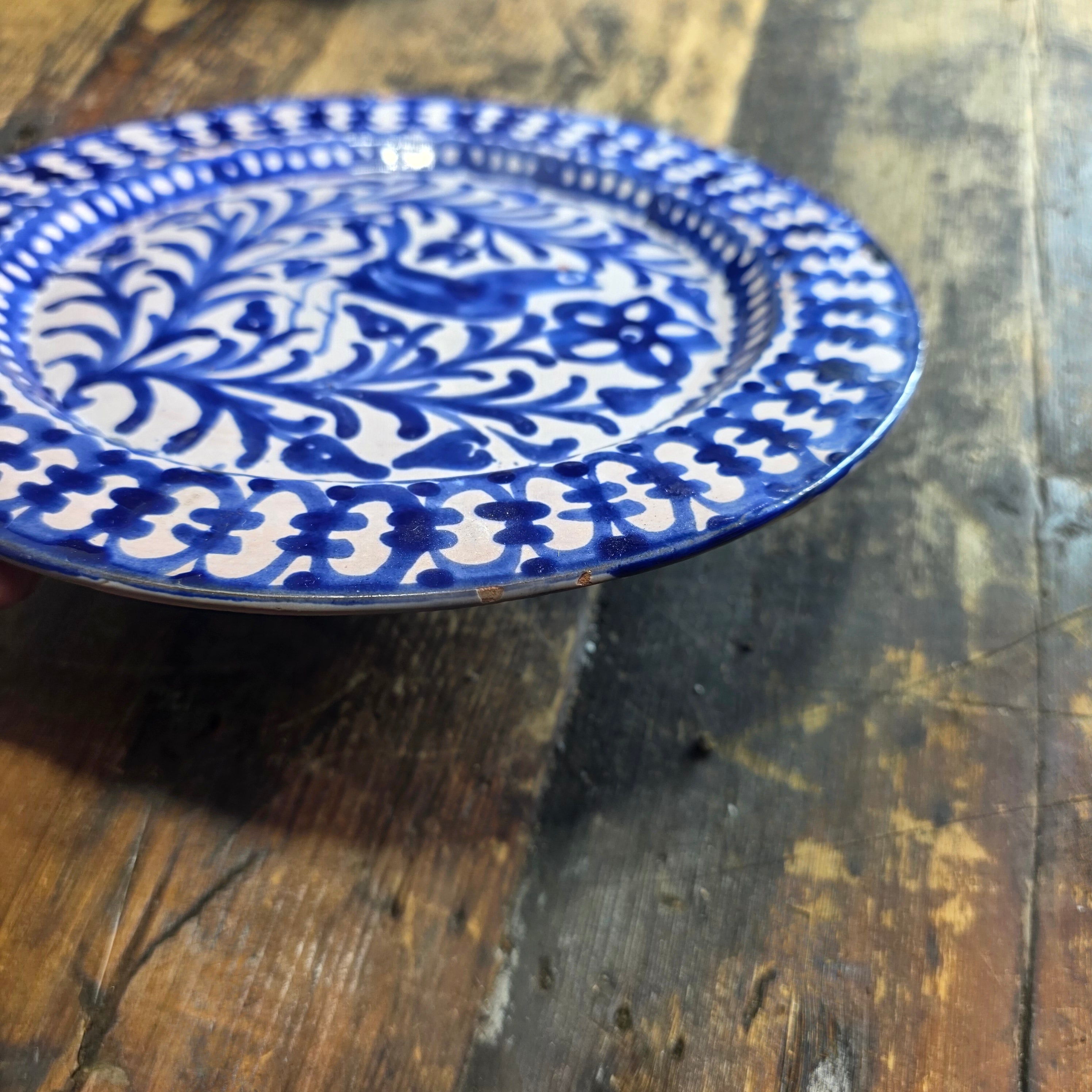 Vintage Fajalauza Granada Spanish Pottery Plate Blue White Bird MMM Morales 9"