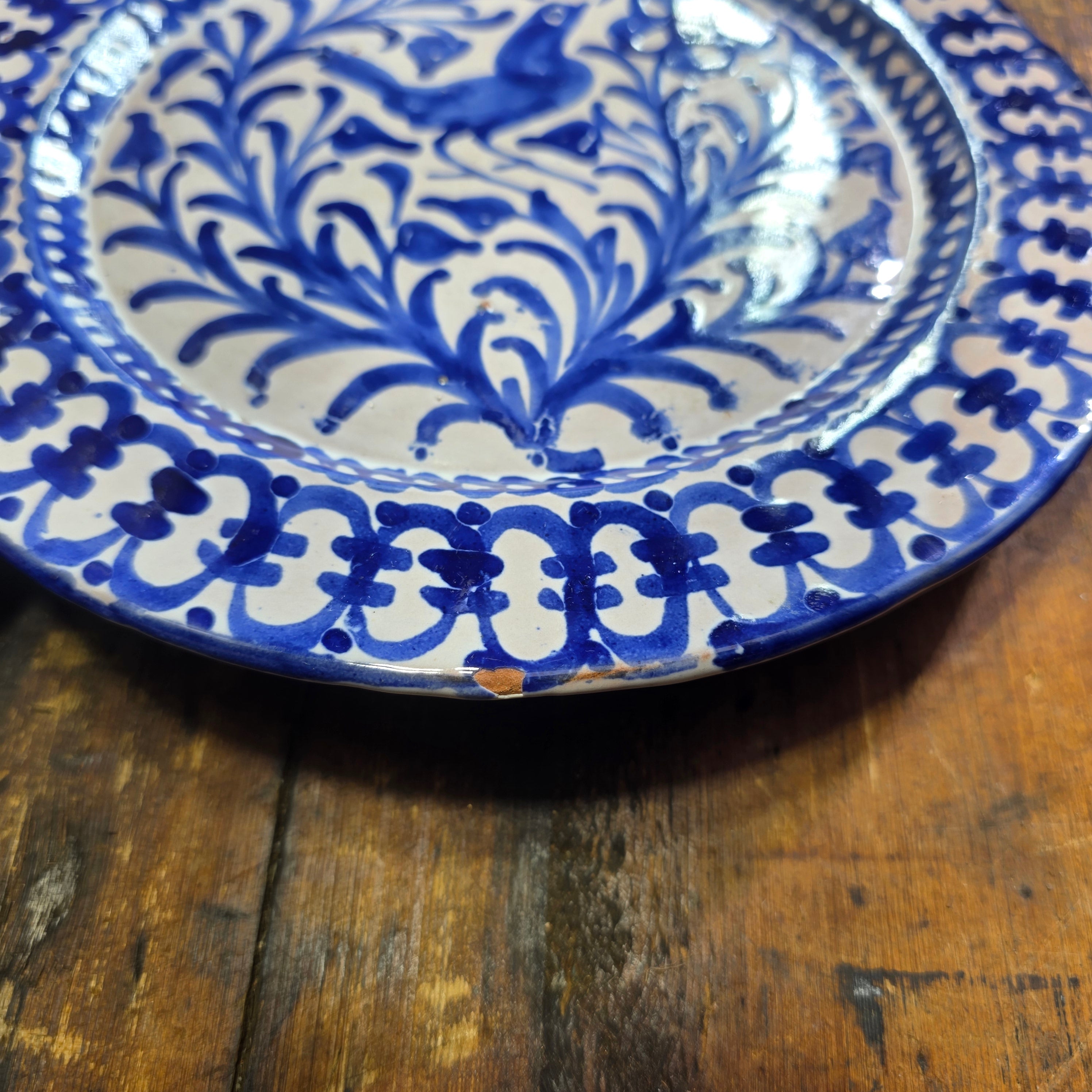 Vintage Fajalauza Granada Spanish Pottery Plate Blue White Bird MMM Morales 9"