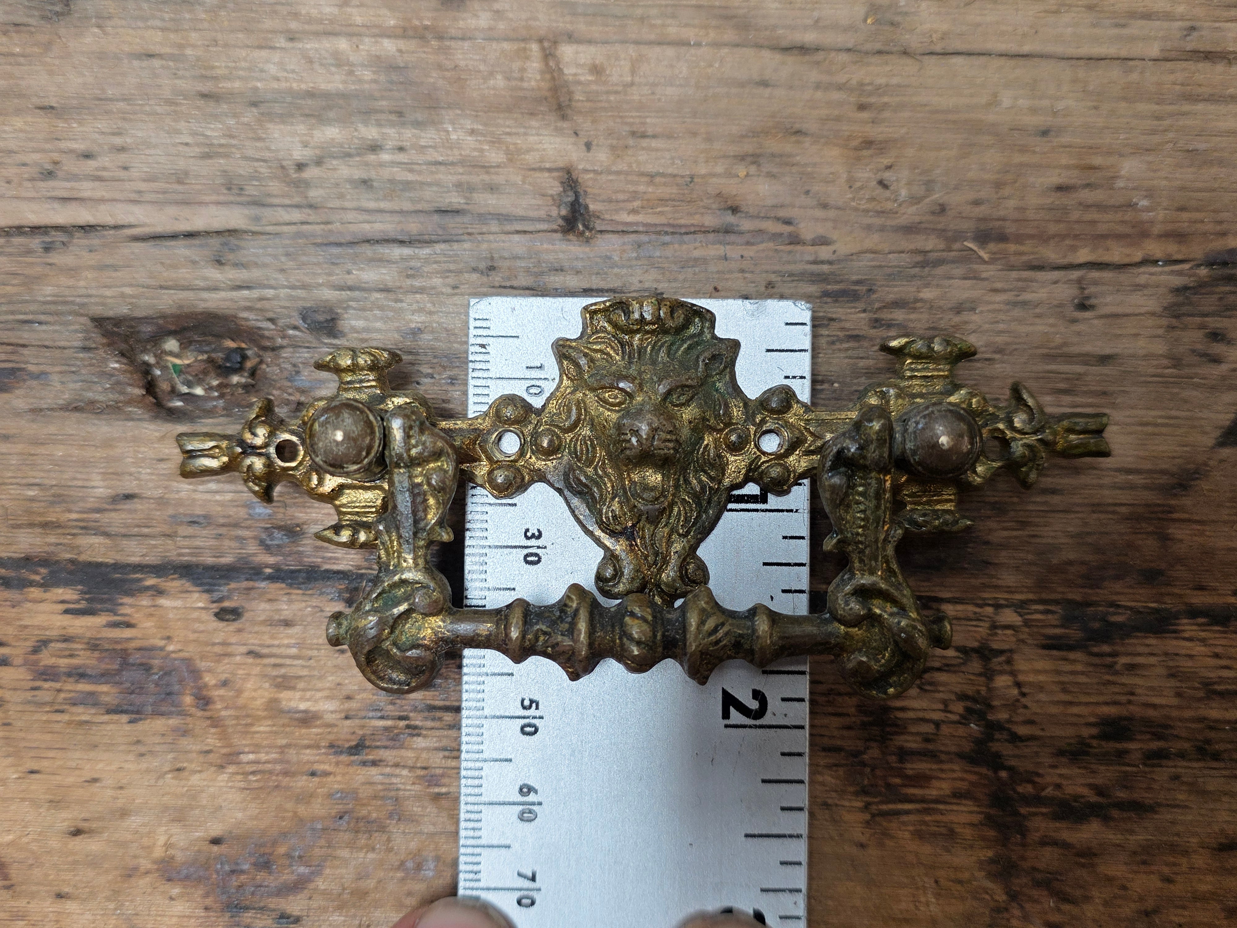 Vintage Brass Lion Head Bail Pull Drawer Handle Knob Mid Century Hardware