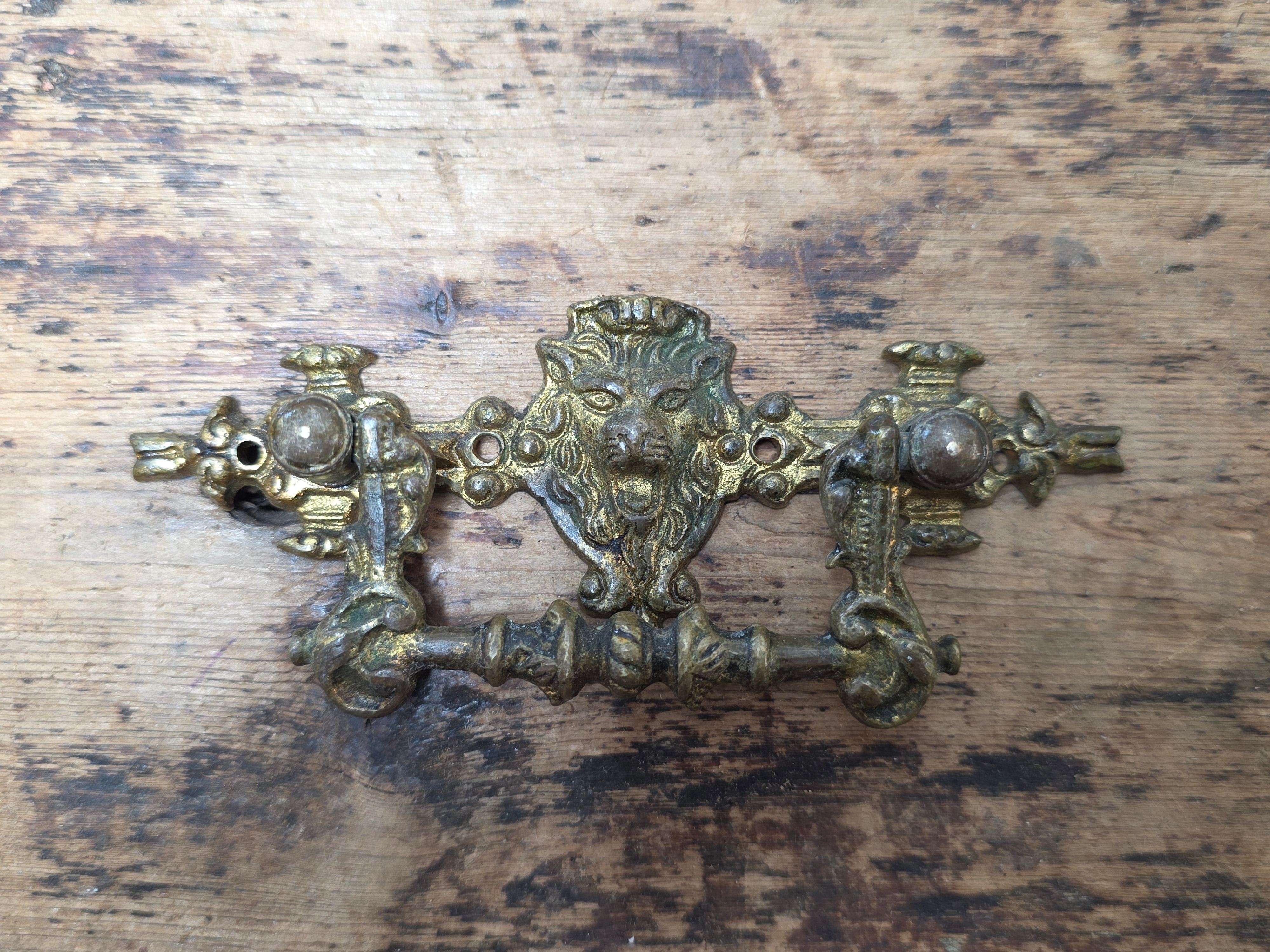 Vintage Brass Lion Head Bail Pull Drawer Handle Knob Mid Century Hardware