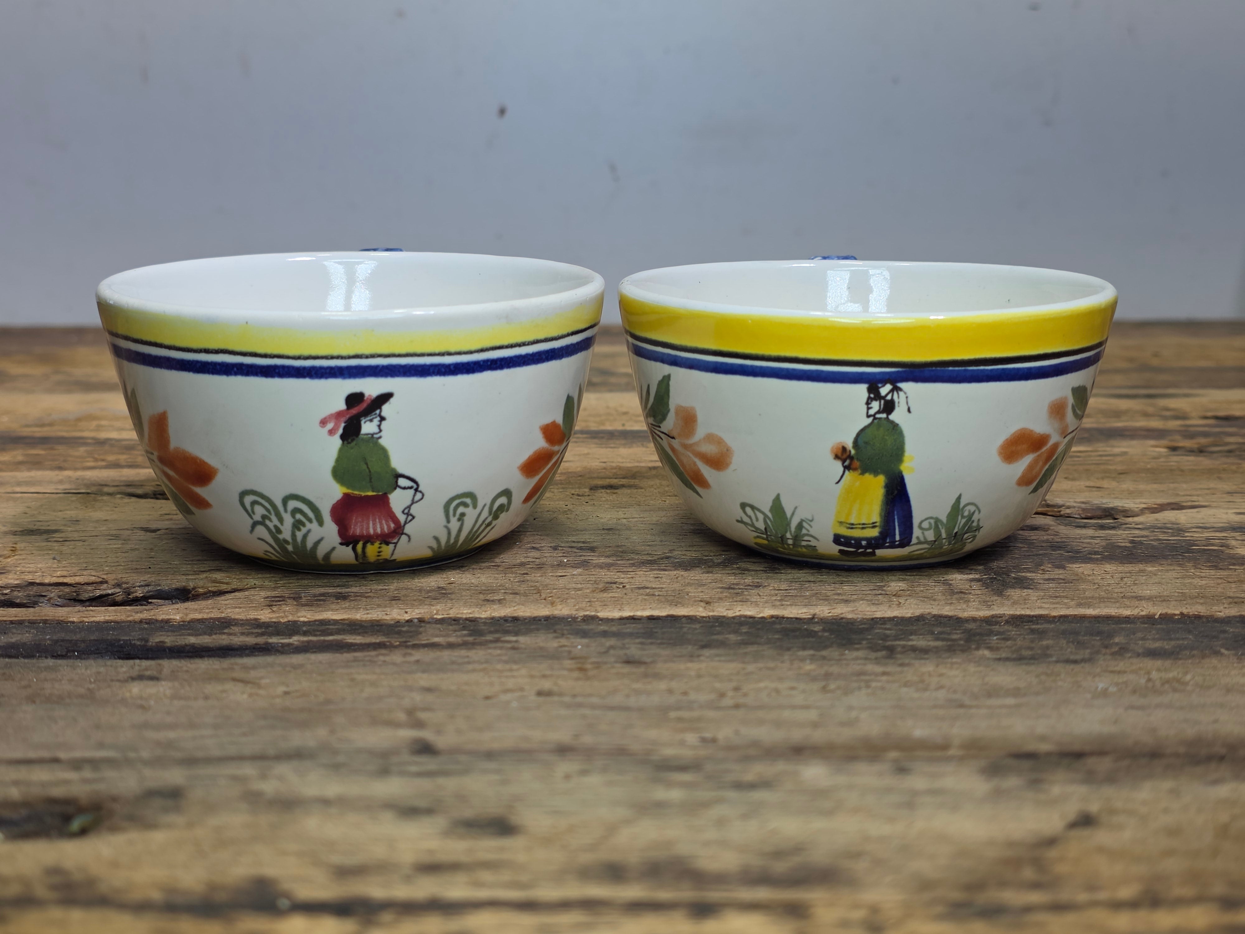 Vintage Henriot Quimper France Flat Cups Set Breton Man Woman 740 760 Yellow Blue