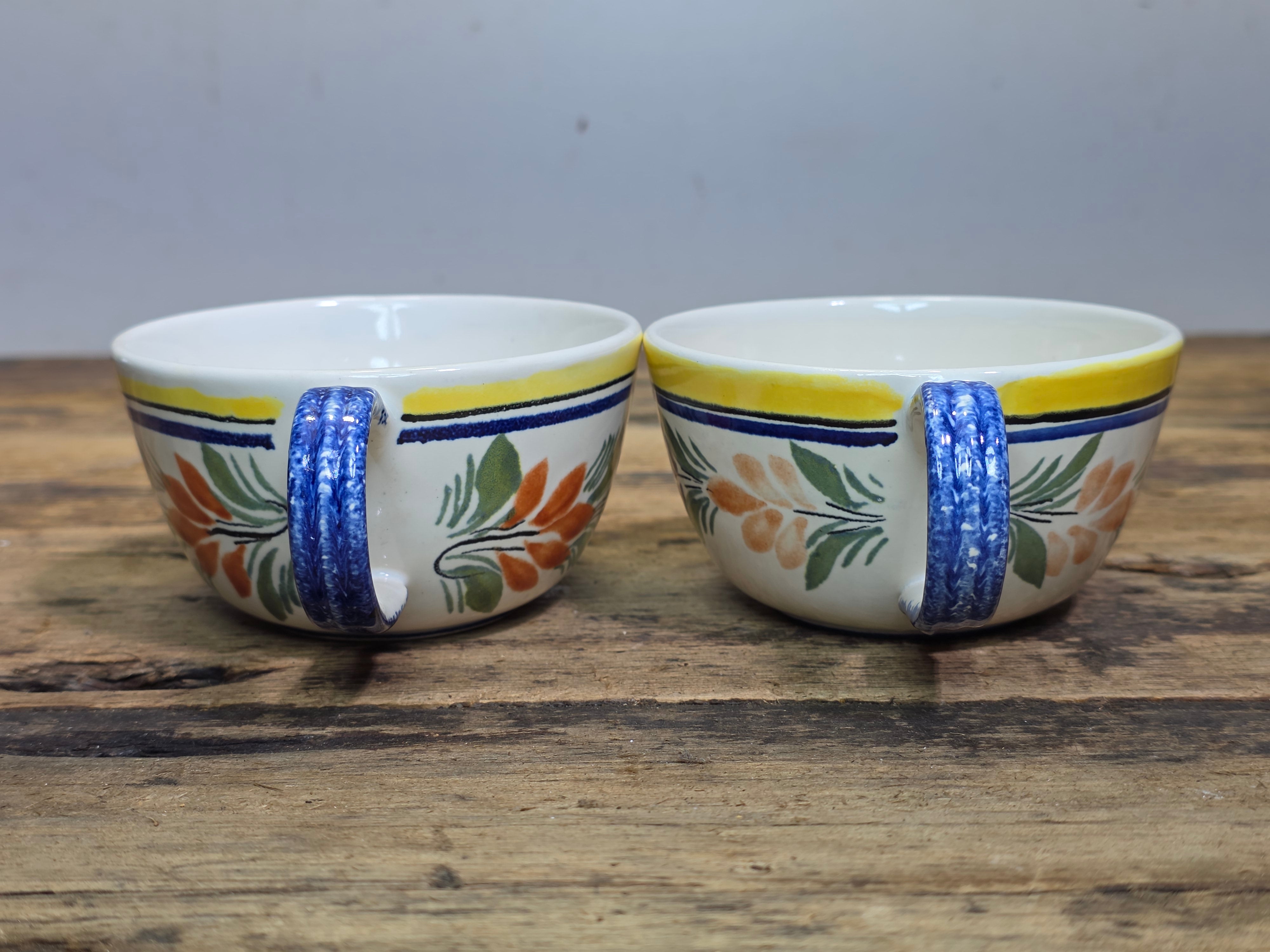 Vintage Henriot Quimper France Flat Cups Set Breton Man Woman 740 760 Yellow Blue