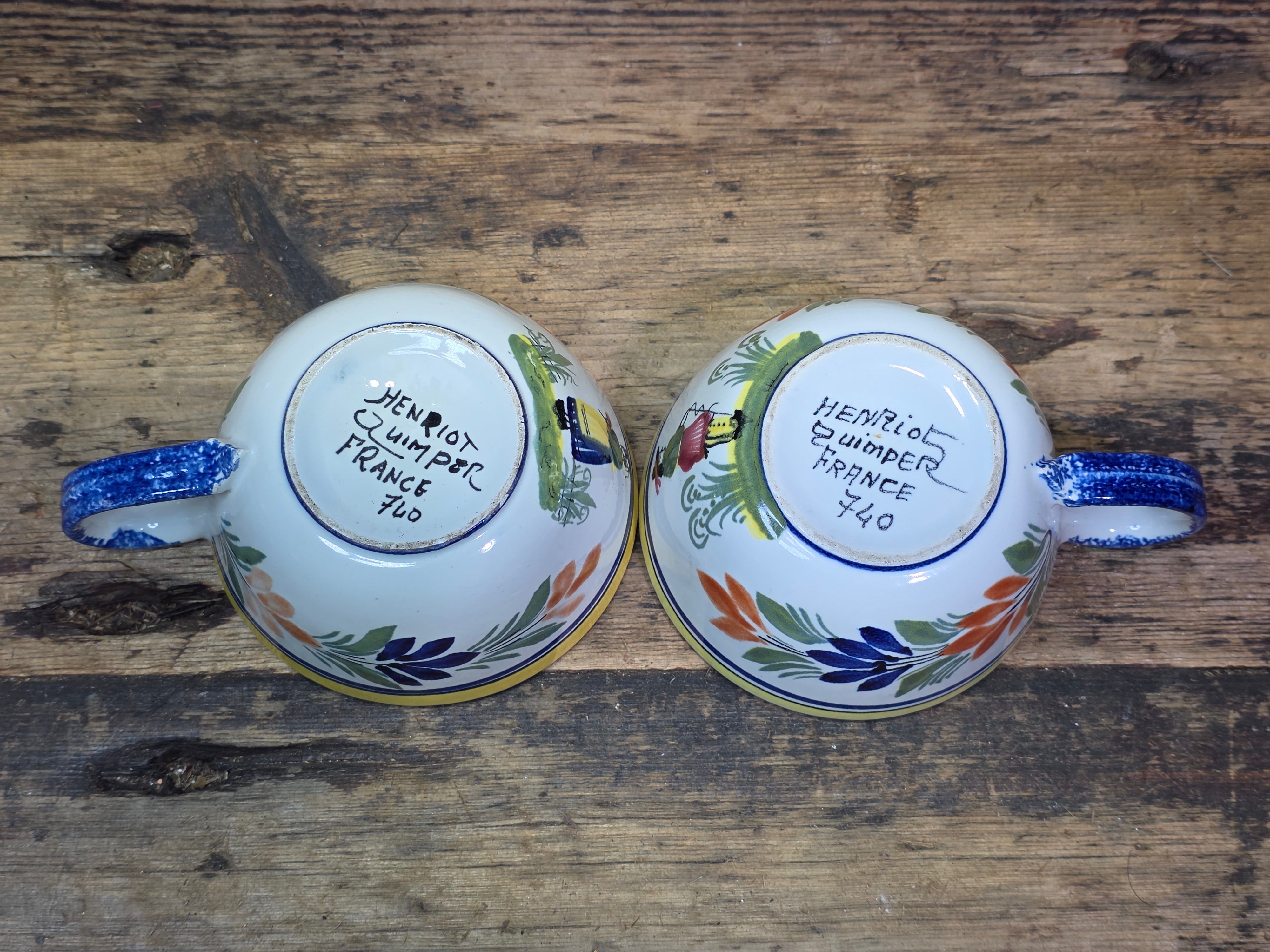 Vintage Henriot Quimper France Flat Cups Set Breton Man Woman 740 760 Yellow Blue