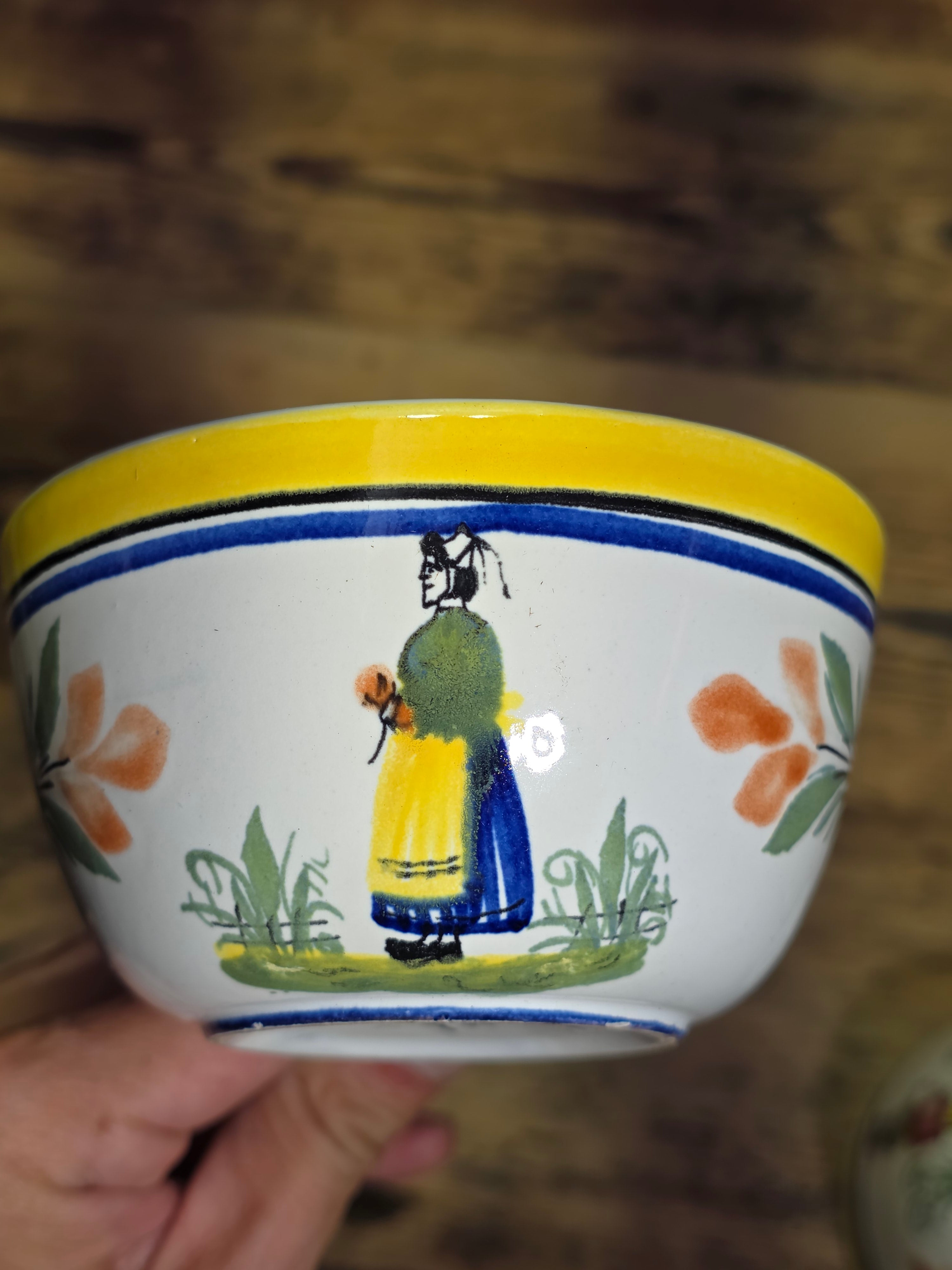 Vintage Henriot Quimper France Flat Cups Set Breton Man Woman 740 760 Yellow Blue