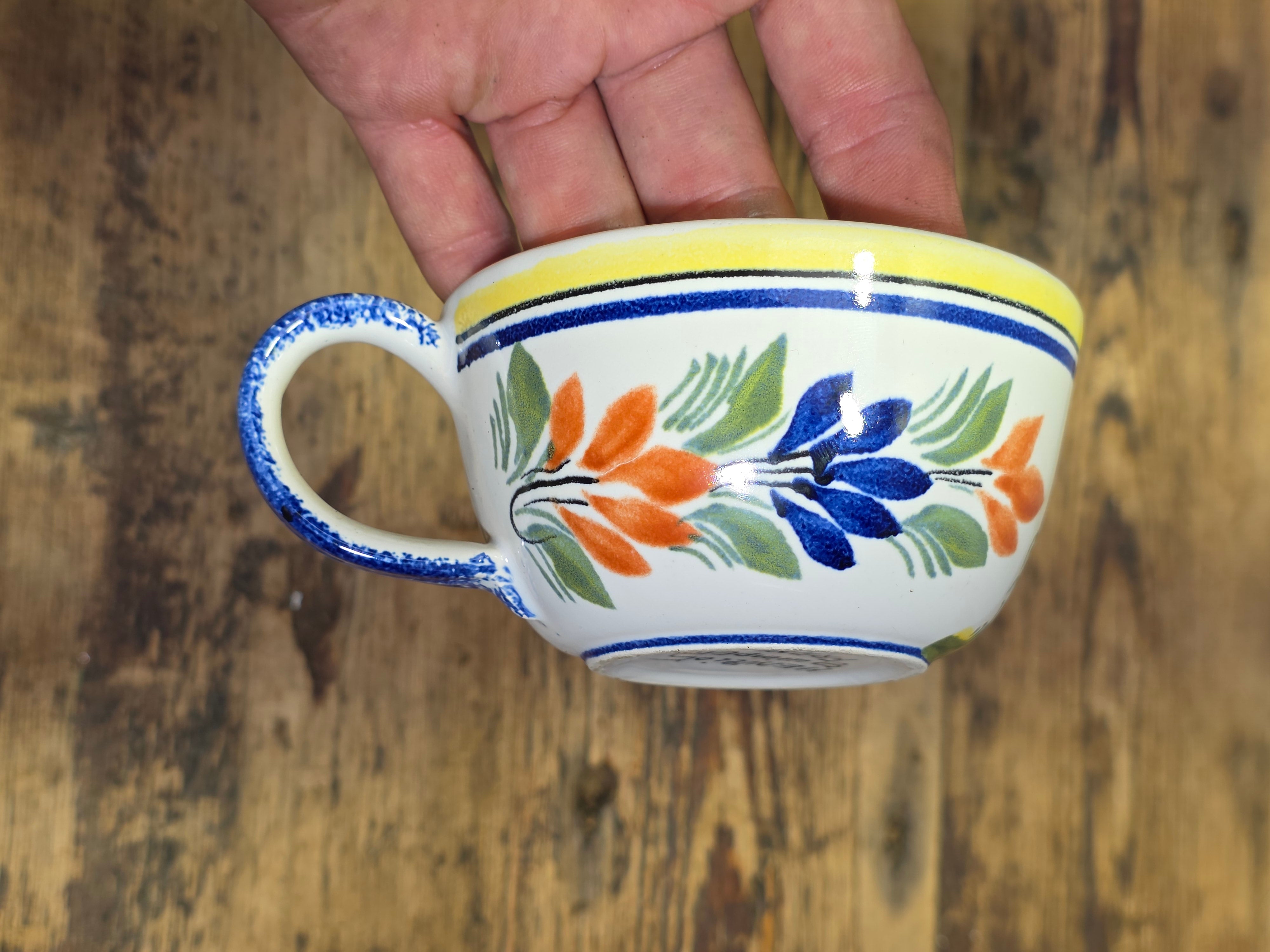 Vintage Henriot Quimper France Flat Cups Set Breton Man Woman 740 760 Yellow Blue