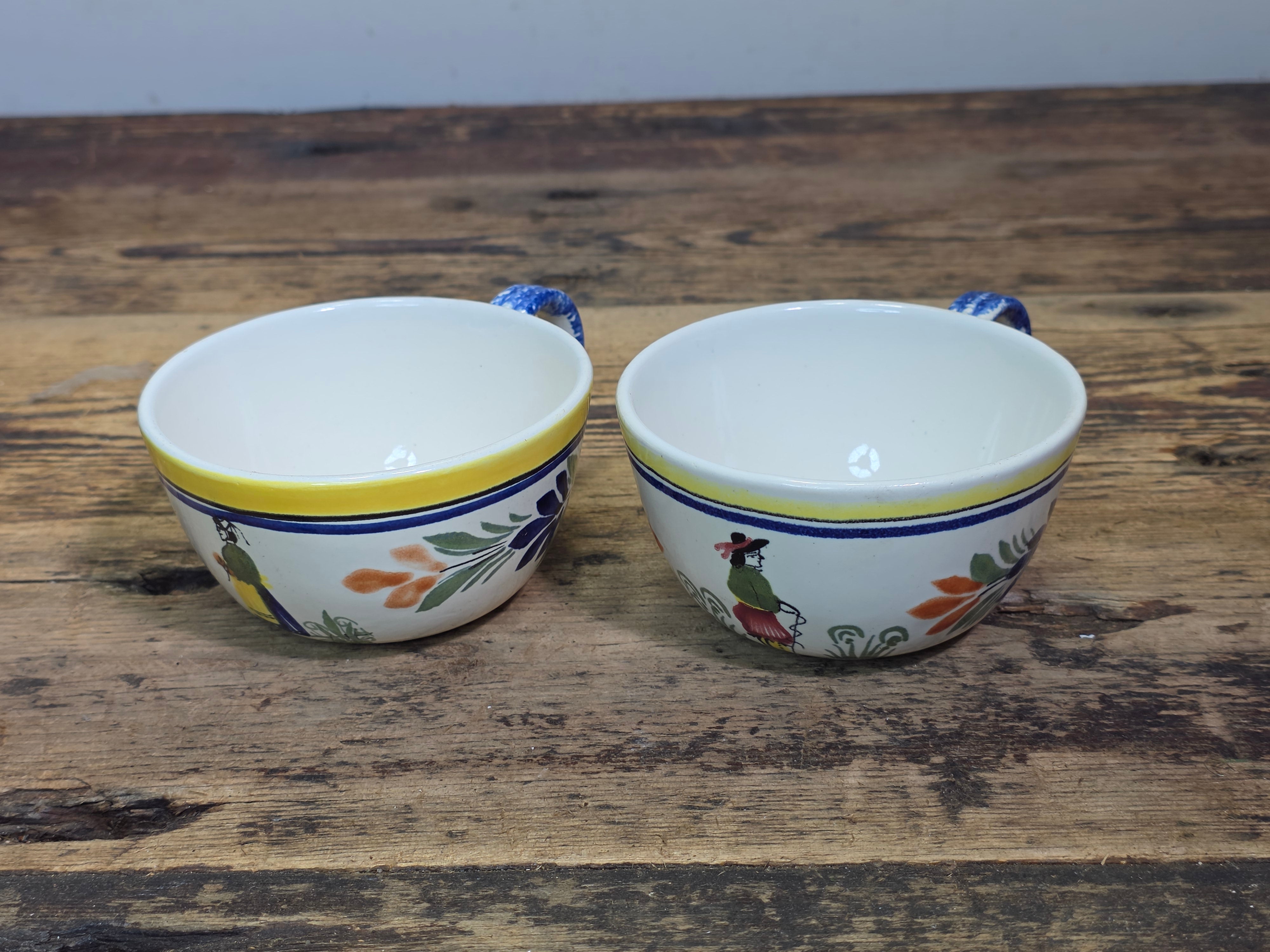 Vintage Henriot Quimper France Flat Cups Set Breton Man Woman 740 760 Yellow Blue