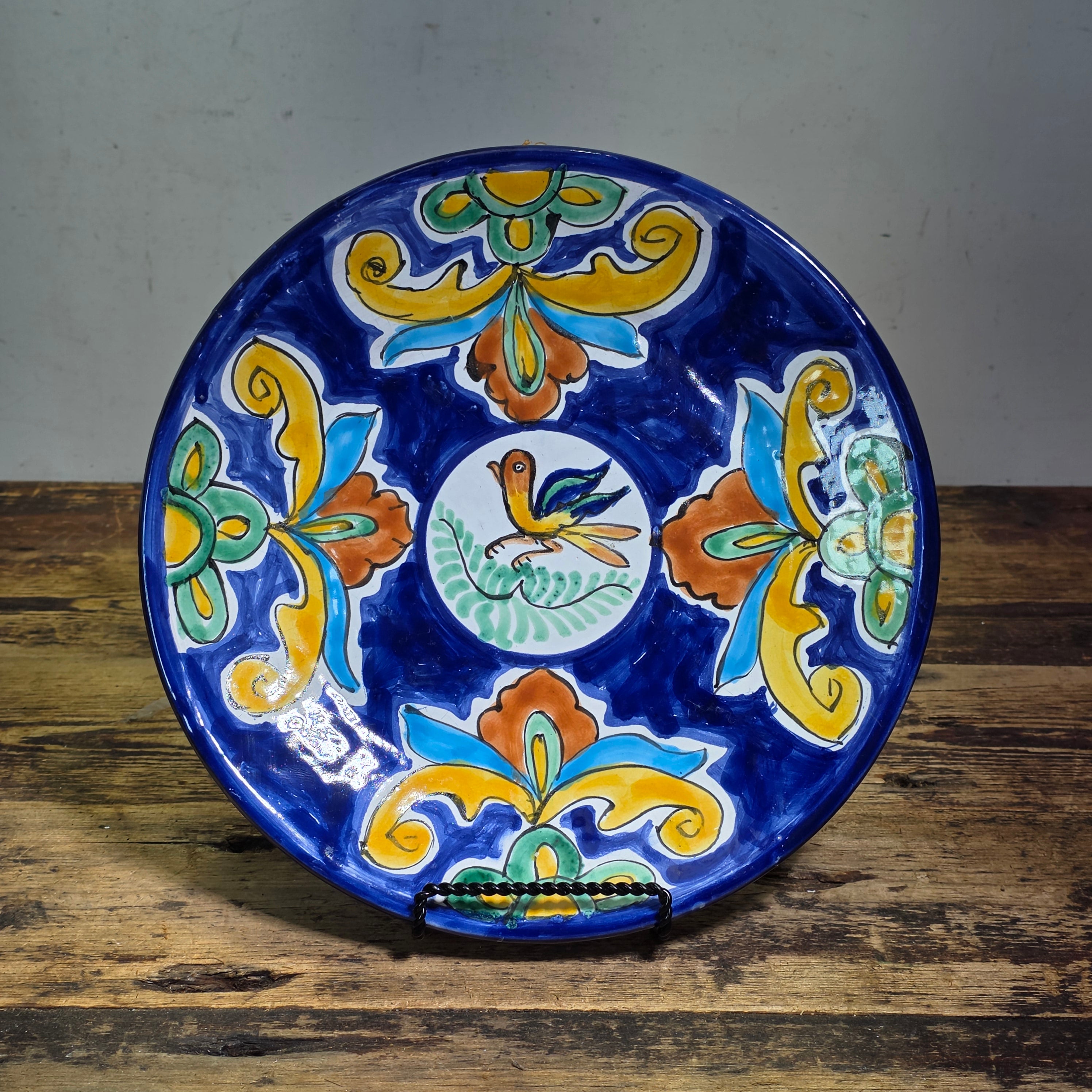 Antique Spanish Manises Majolica Plate 11" Bird Cobalt Blue Yellow Wall Hanging