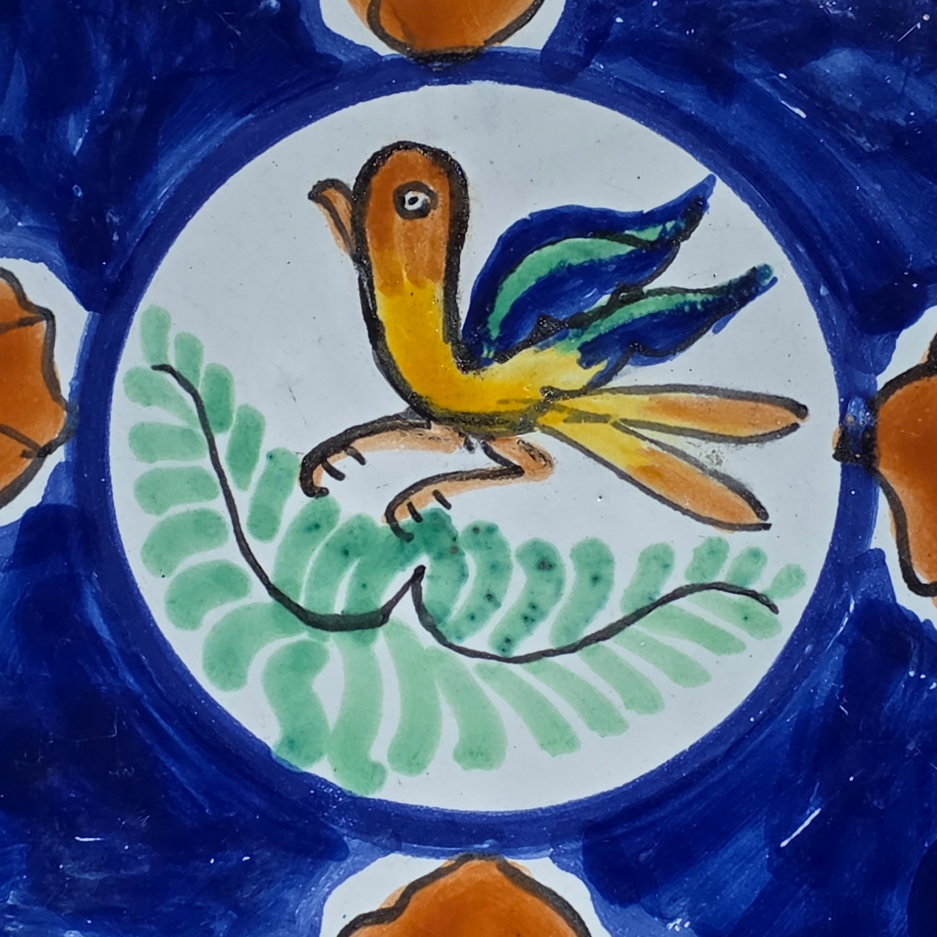 Antique Spanish Manises Majolica Plate 11" Bird Cobalt Blue Yellow Wall Hanging